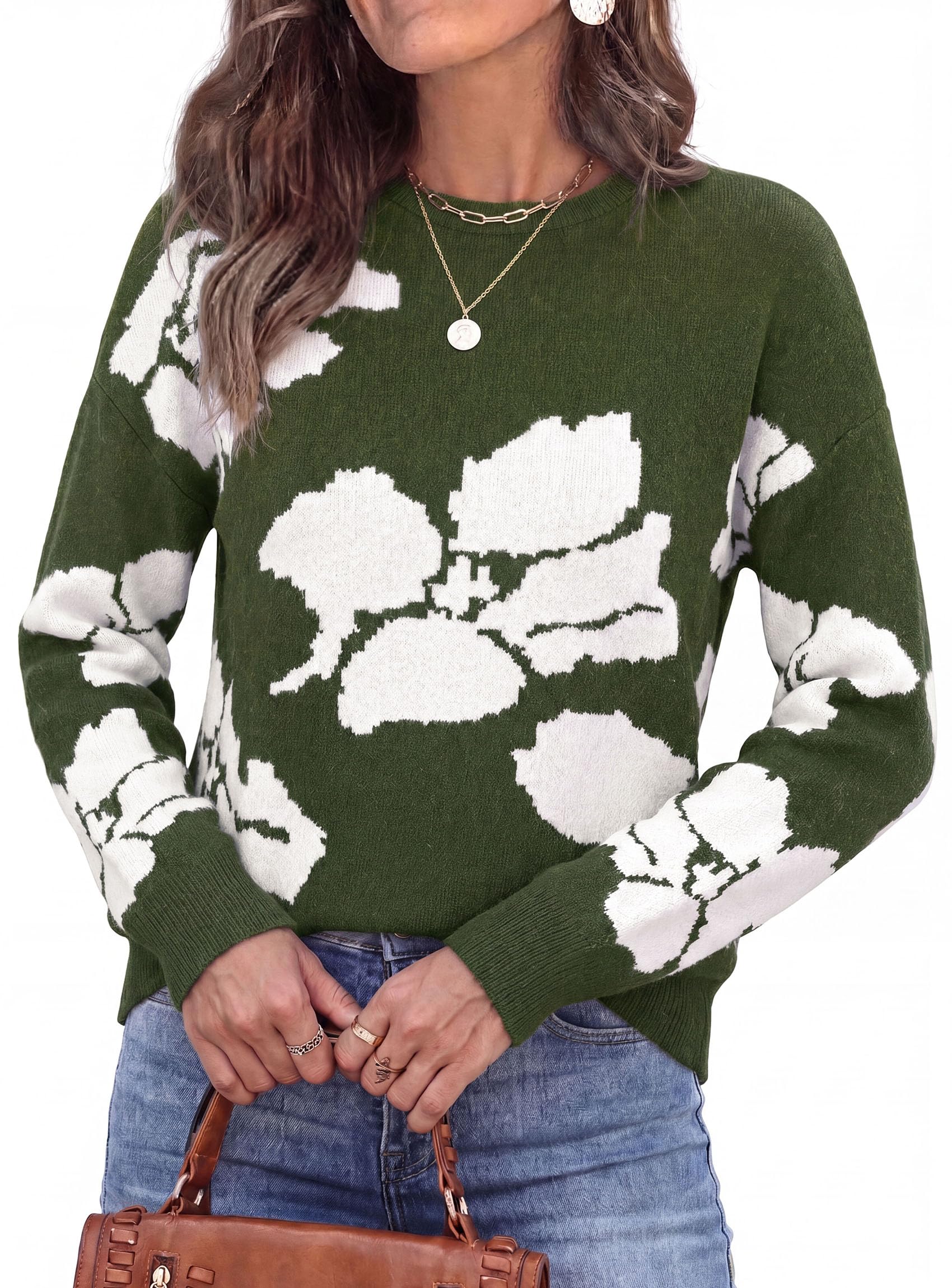 Womens Floral Sweater Crewneck Printed Pullover Tops