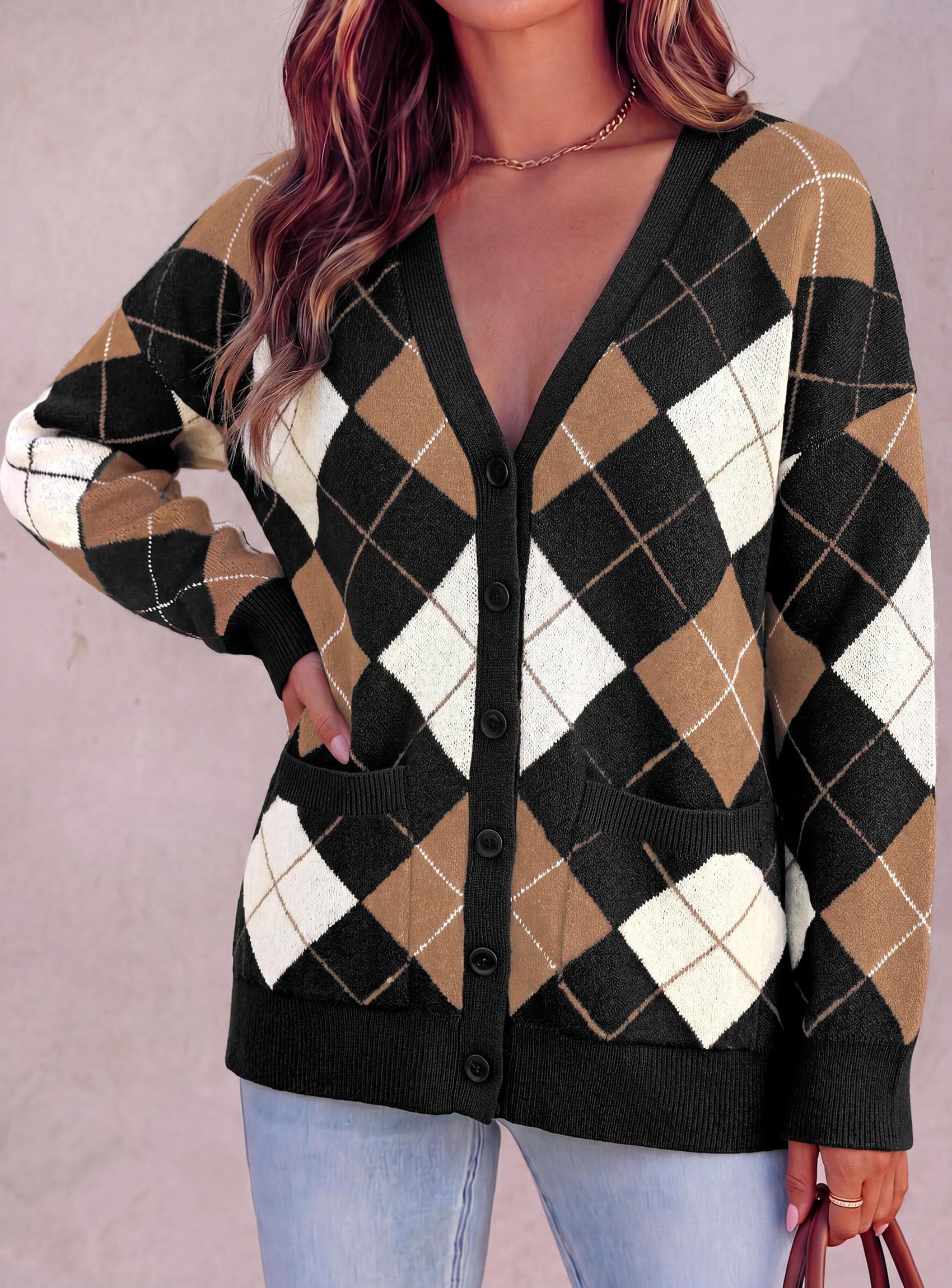 Women's Cardigan Argyle Winter Sweaters (Plaid Black,S)