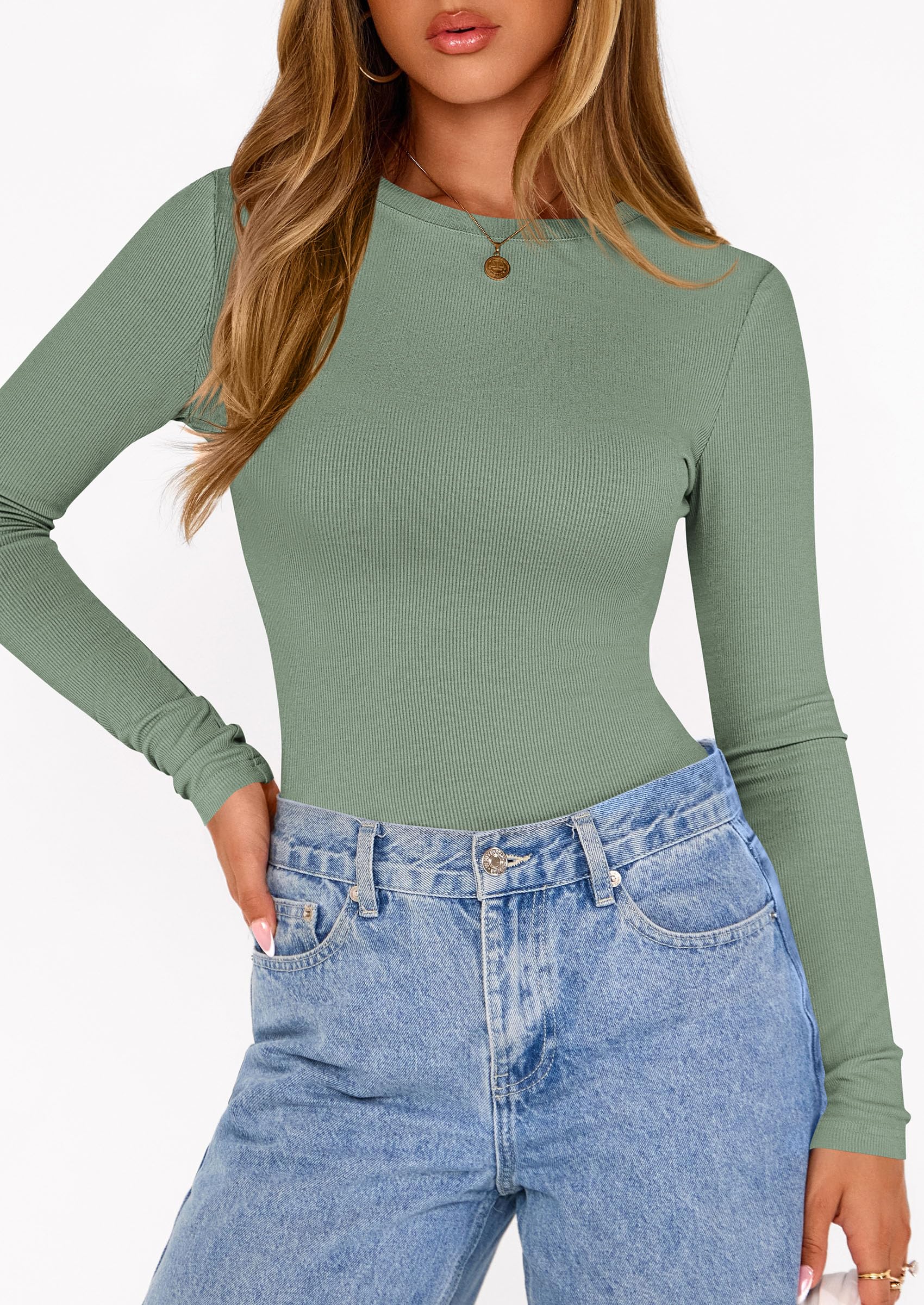 Bodysuits for Women Fall Ribbed Knit Long Sleeve T Shirts