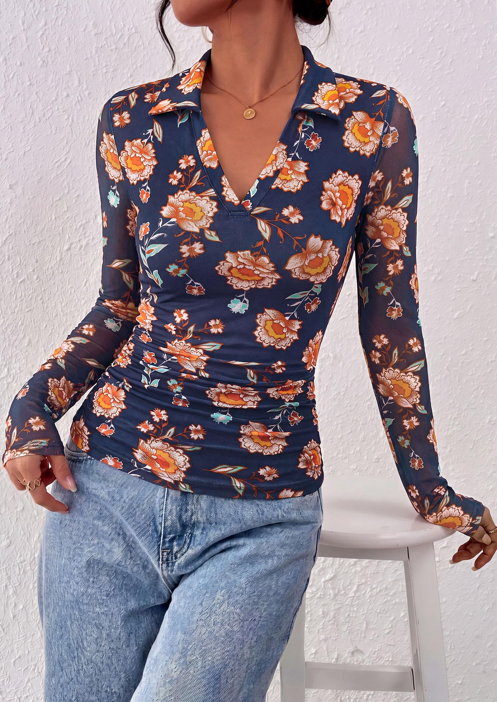 Women's Long Sleeve Boho Floral Mesh Tops Fall V Neck Blouses