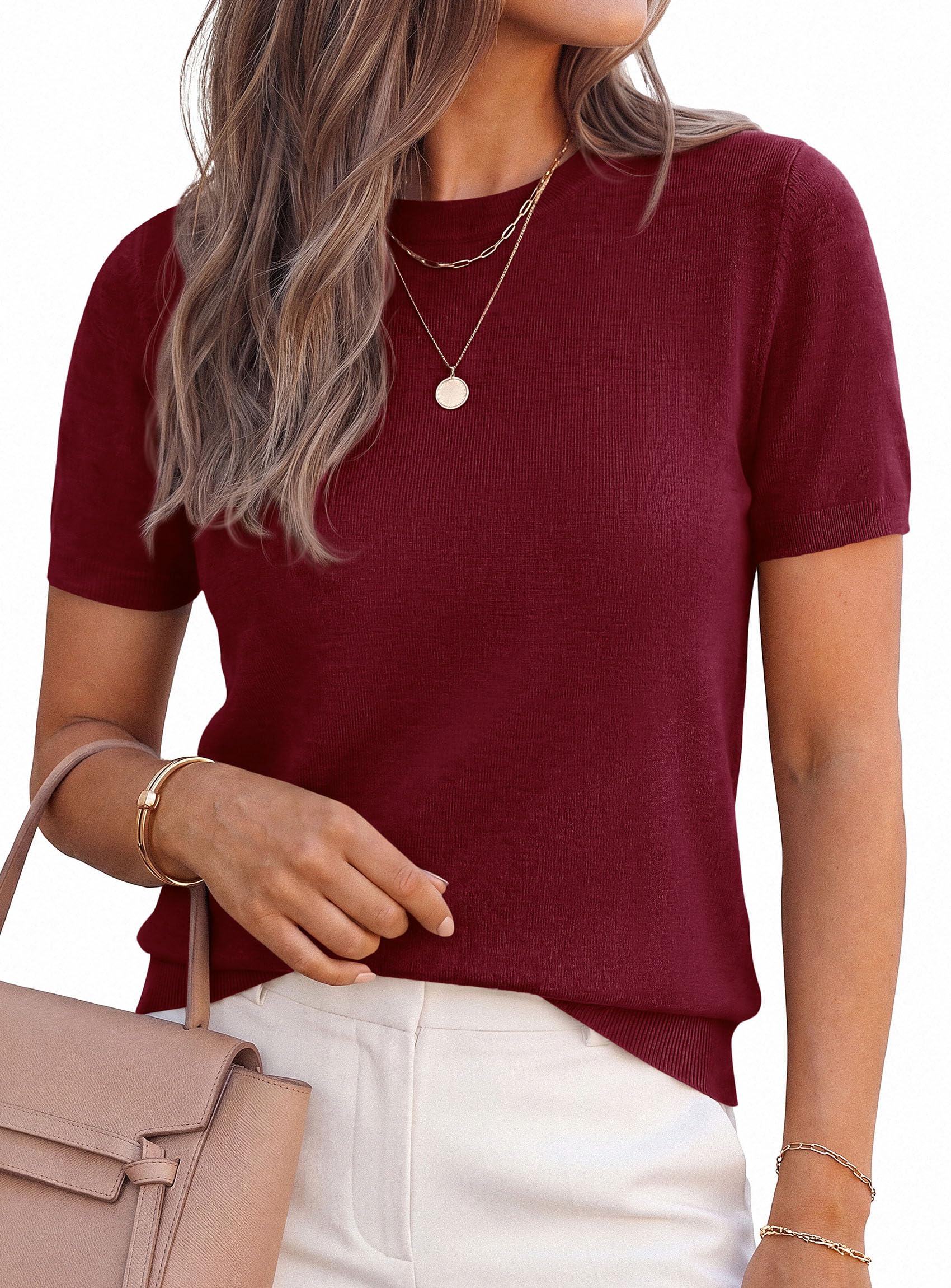 Women's Short Sleeve Sweaters Summer Tops,Burgundy,S