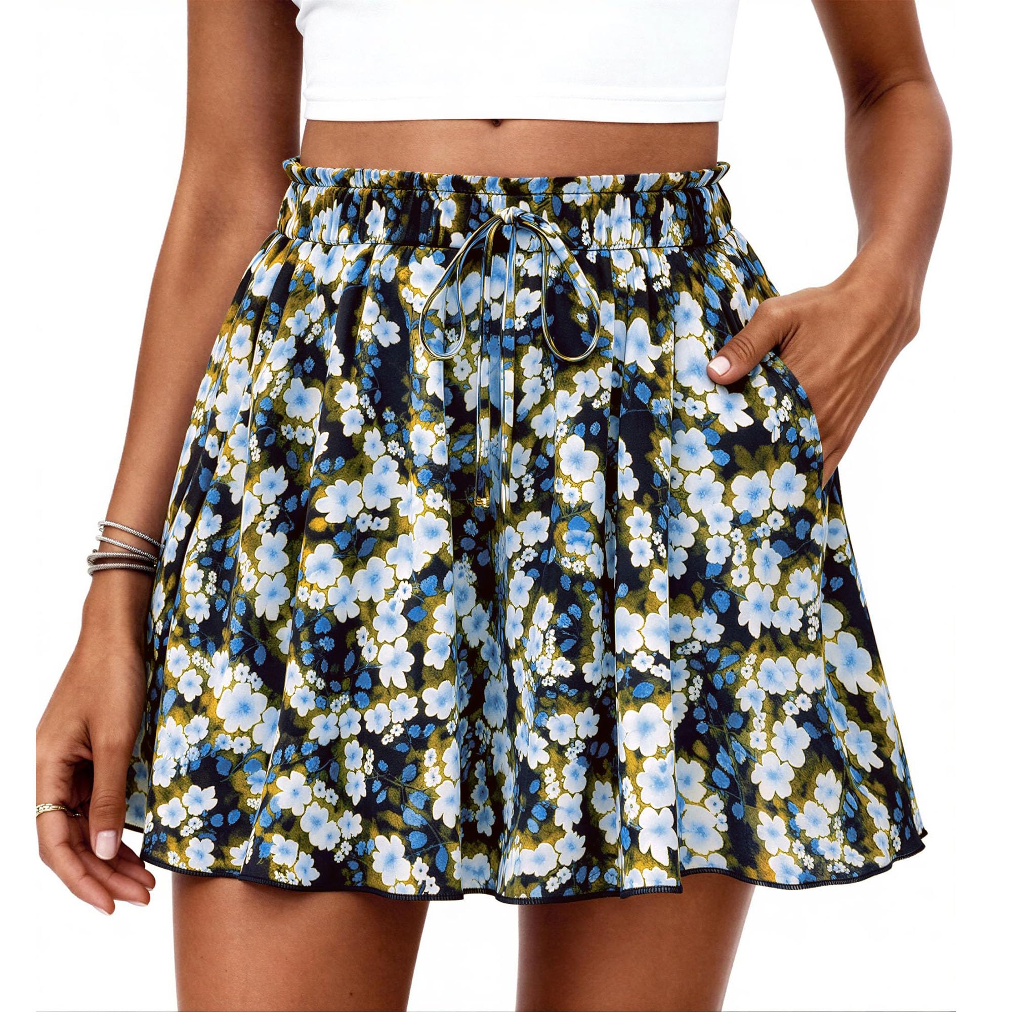 Women's Summer Wide Leg Flowy Shorts,Print Blue Yellow,M