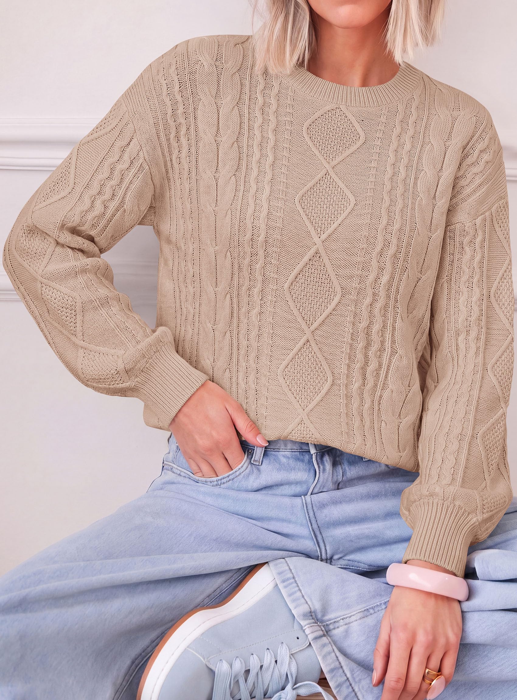 Women's Crewneck Cable Knit Sweater Pullover Tops Khaki