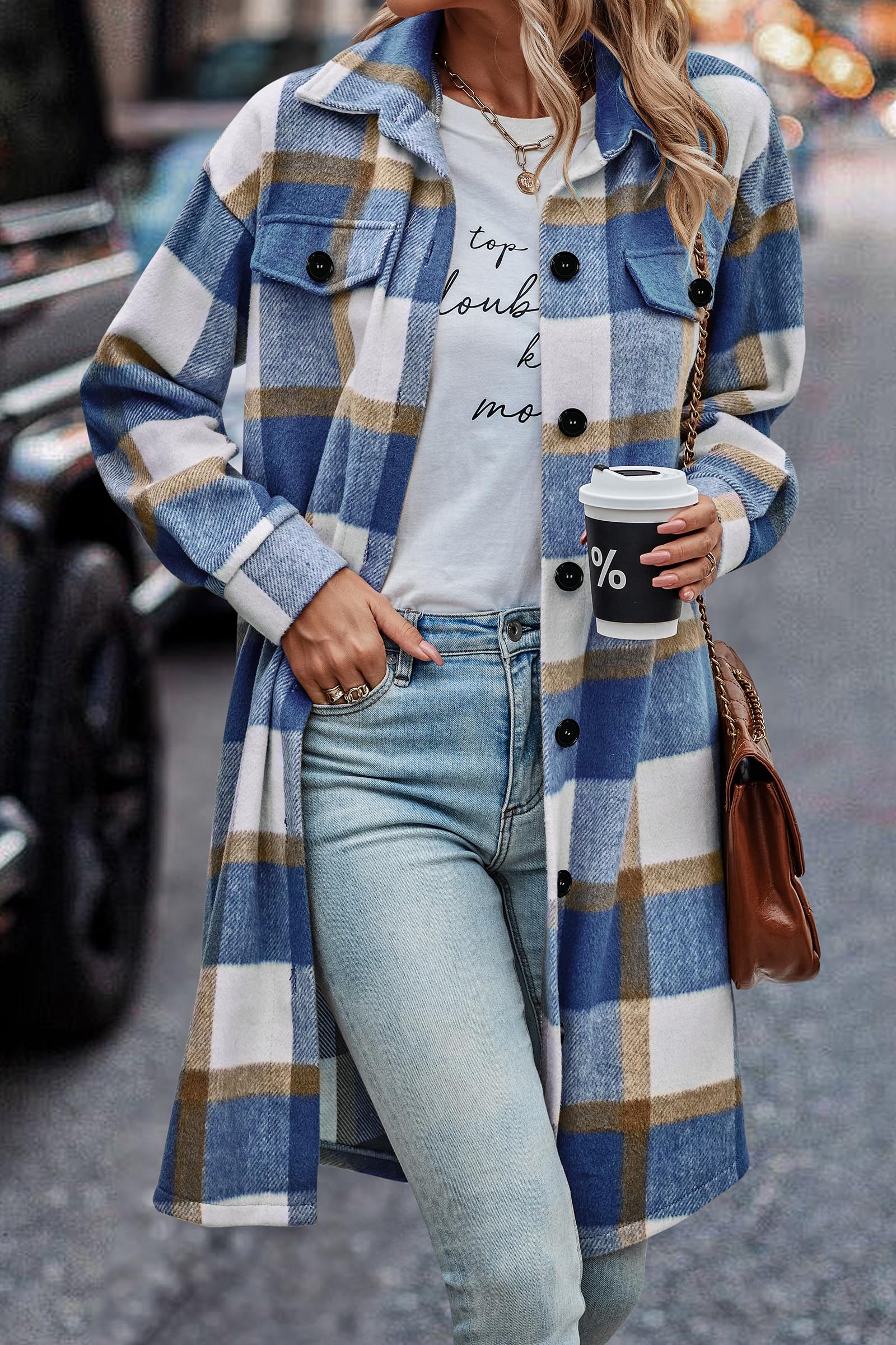 Womens Plaid Shacket Jacket Flannel Shirts,Plaid Blue White,S