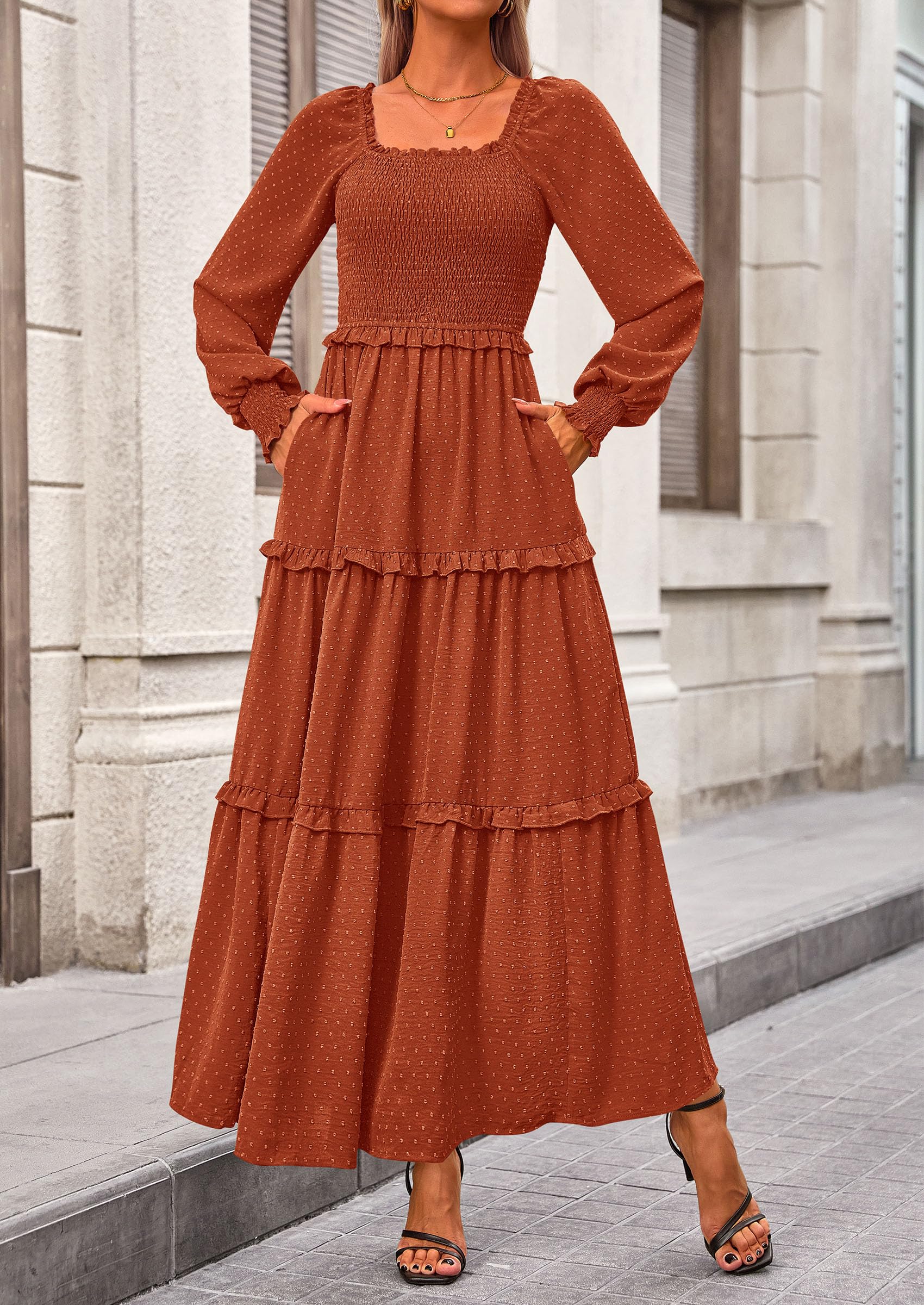 Women's Smocked Long Sleeve Maxi Dress Wedding Guest Dresses
