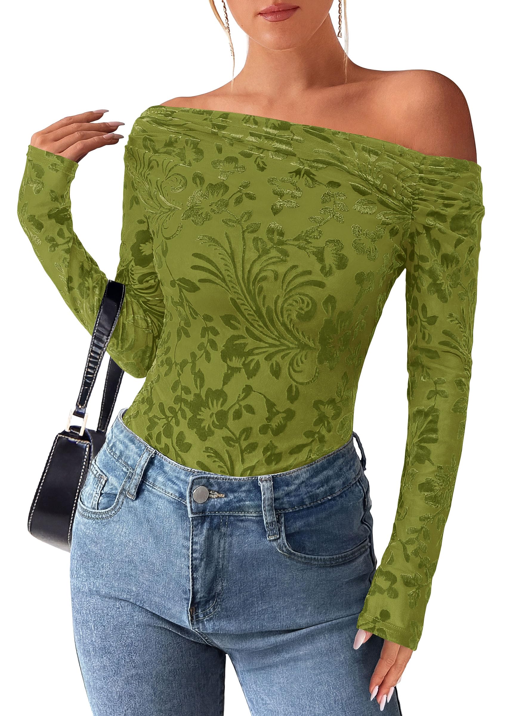 Off the Shoulder Tops for Women Fall Mesh Floral Blouses