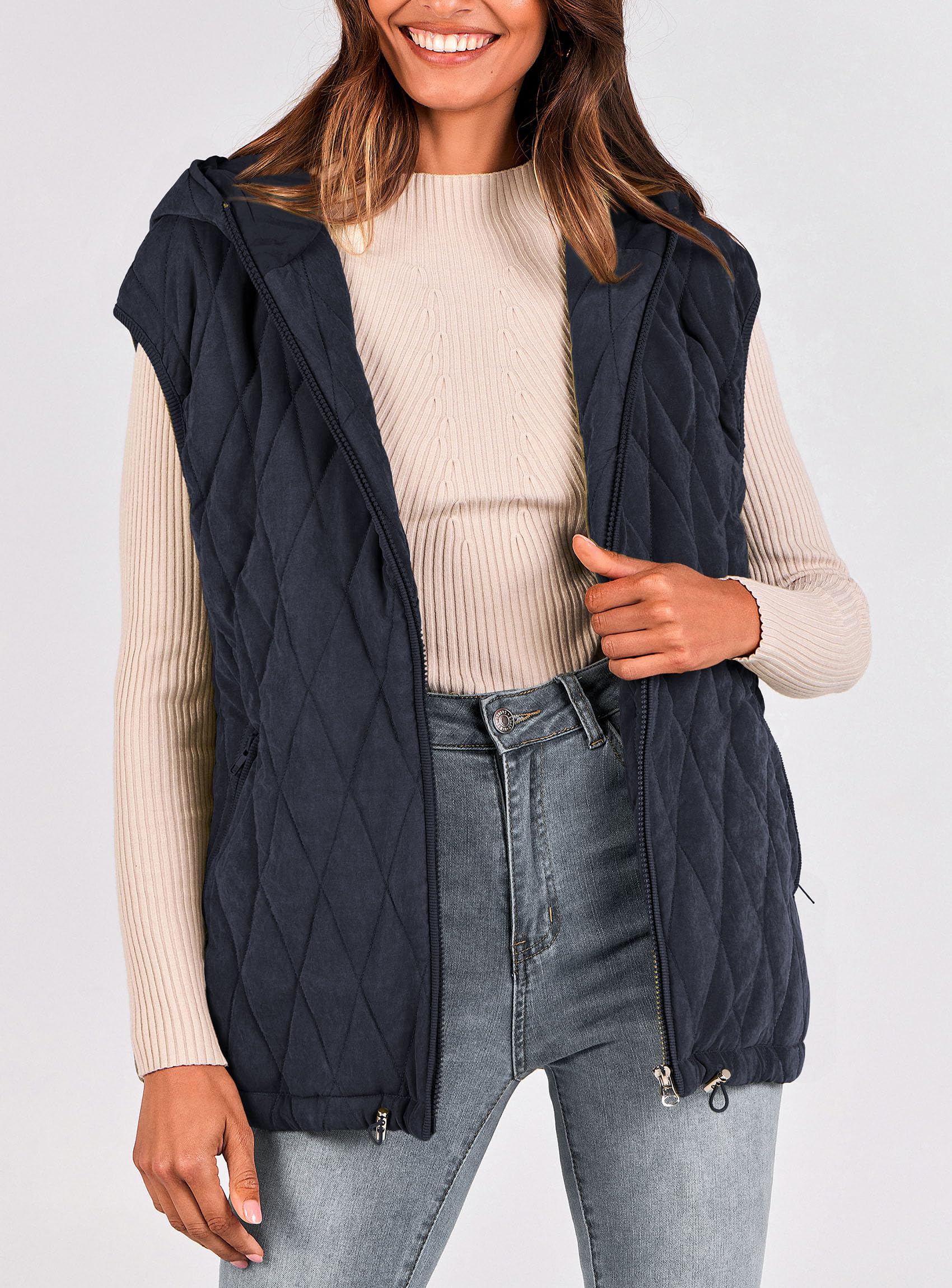 Women's Fall Fashion Vest Zip Up Jacket(Navy,Small)