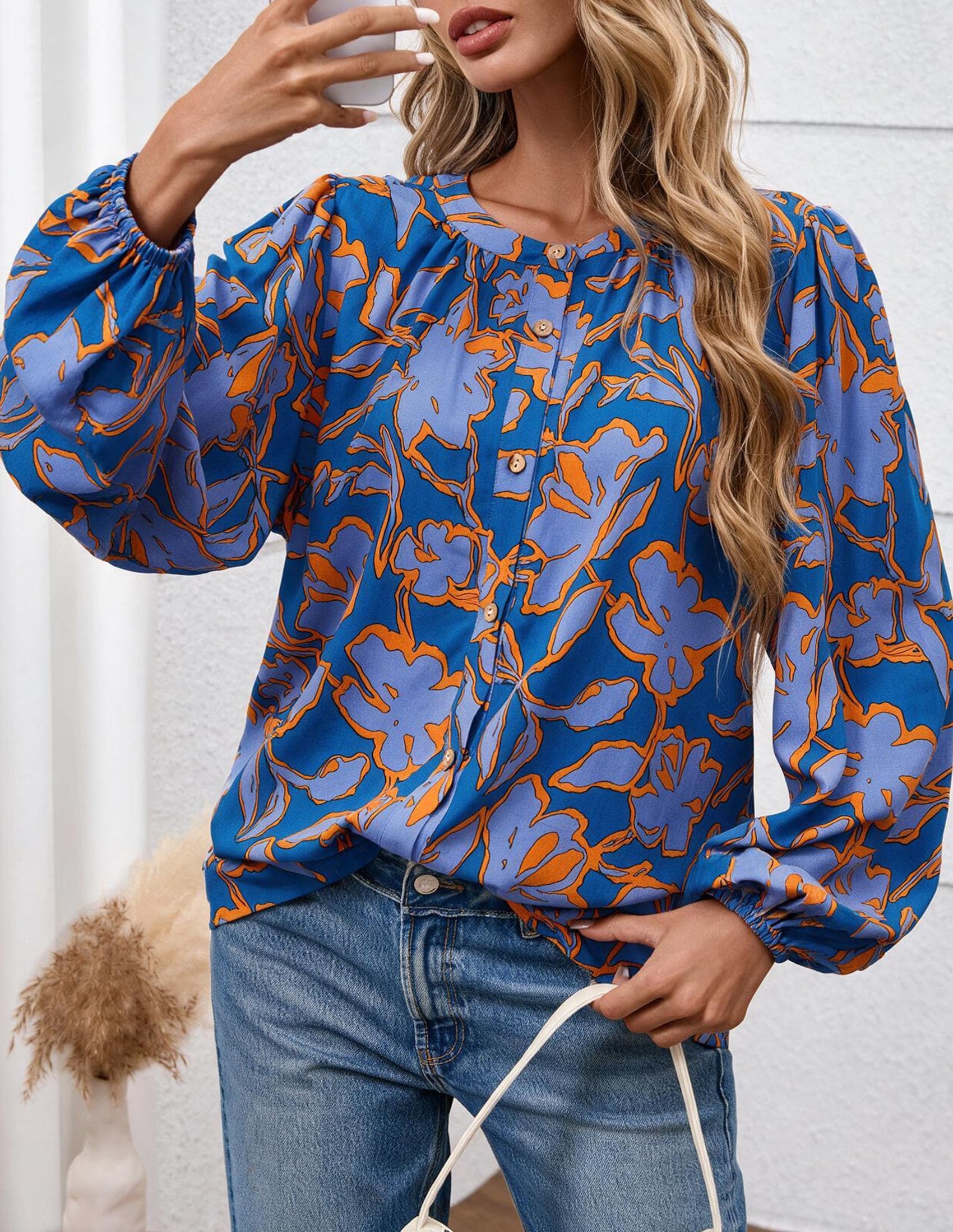 Women's Boho Tops Fall Long Sleeve Button Down Floral Blouses