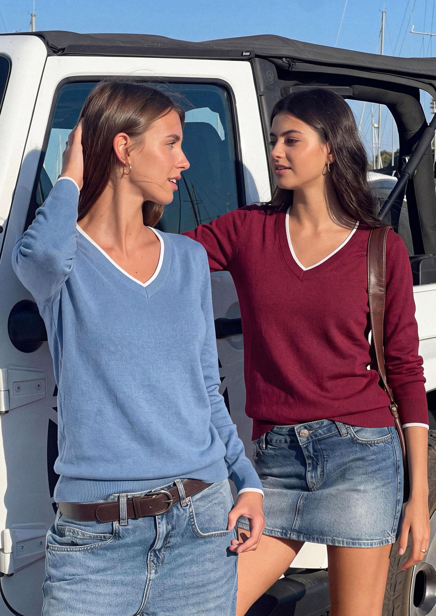 Women's V Neck Sweater Long Sleeve Knit Tops (Wine Red,S)