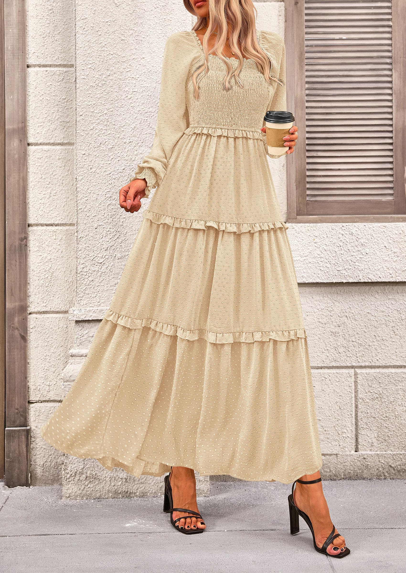 Women's Smocked Long Sleeve Maxi Dress Wedding Guest Dresses