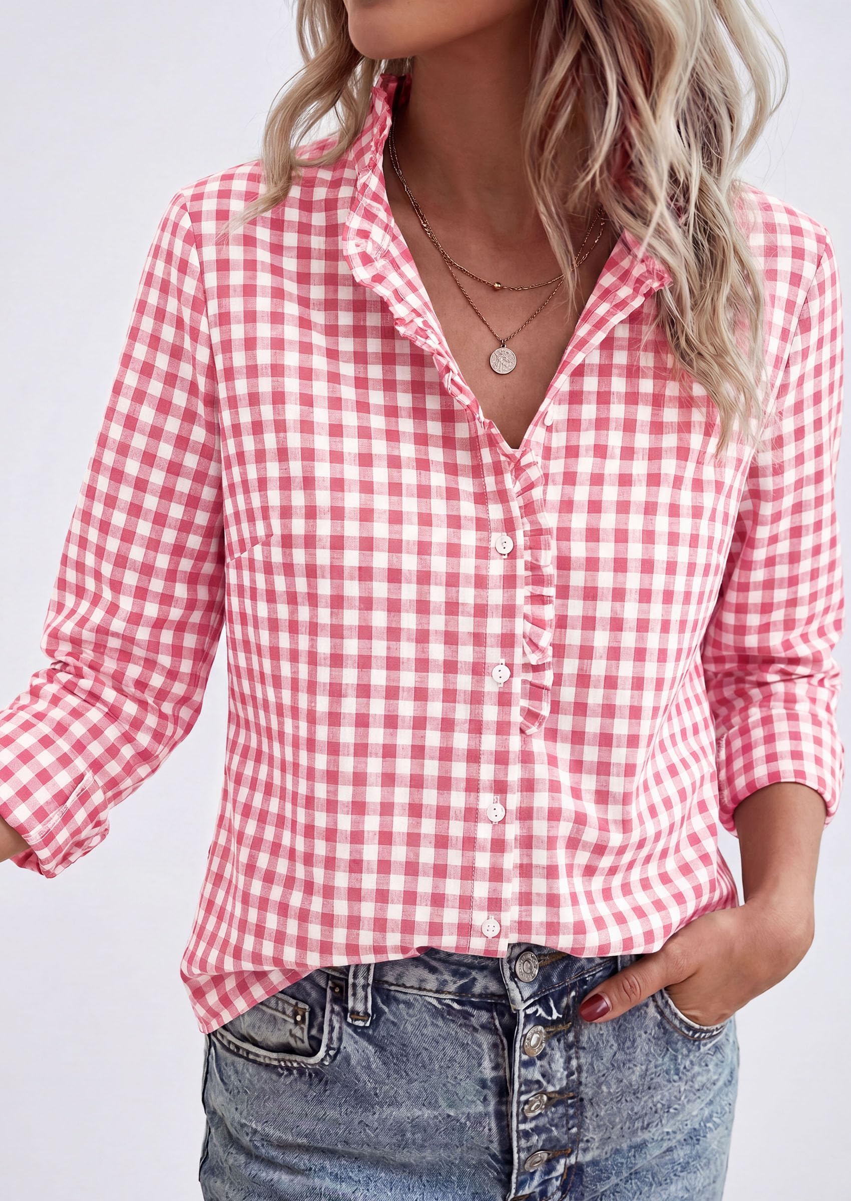 Womens Long Sleeve Button Down Shirts,Pink White,S