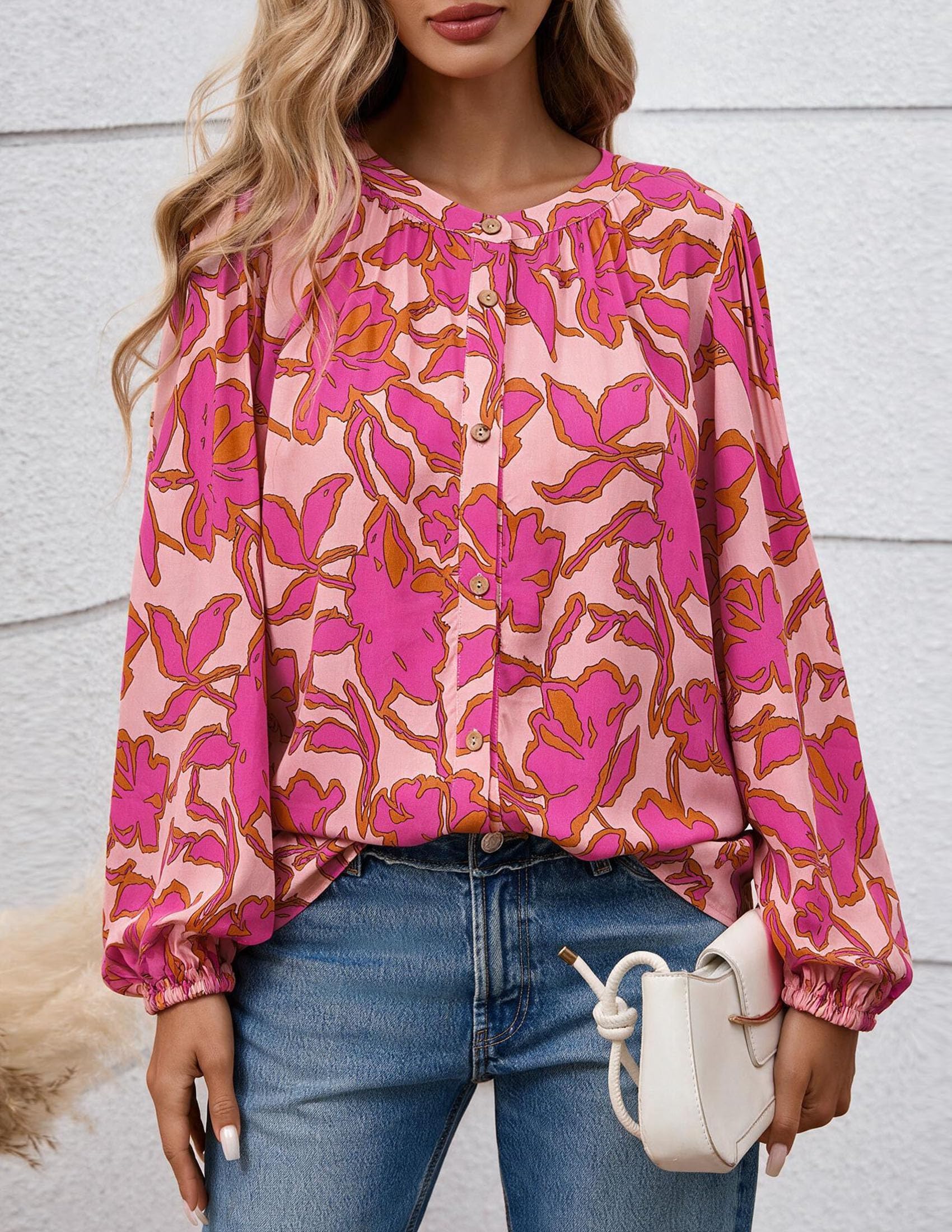 Women's Boho Tops Fall Long Sleeve Button Down Floral Blouses