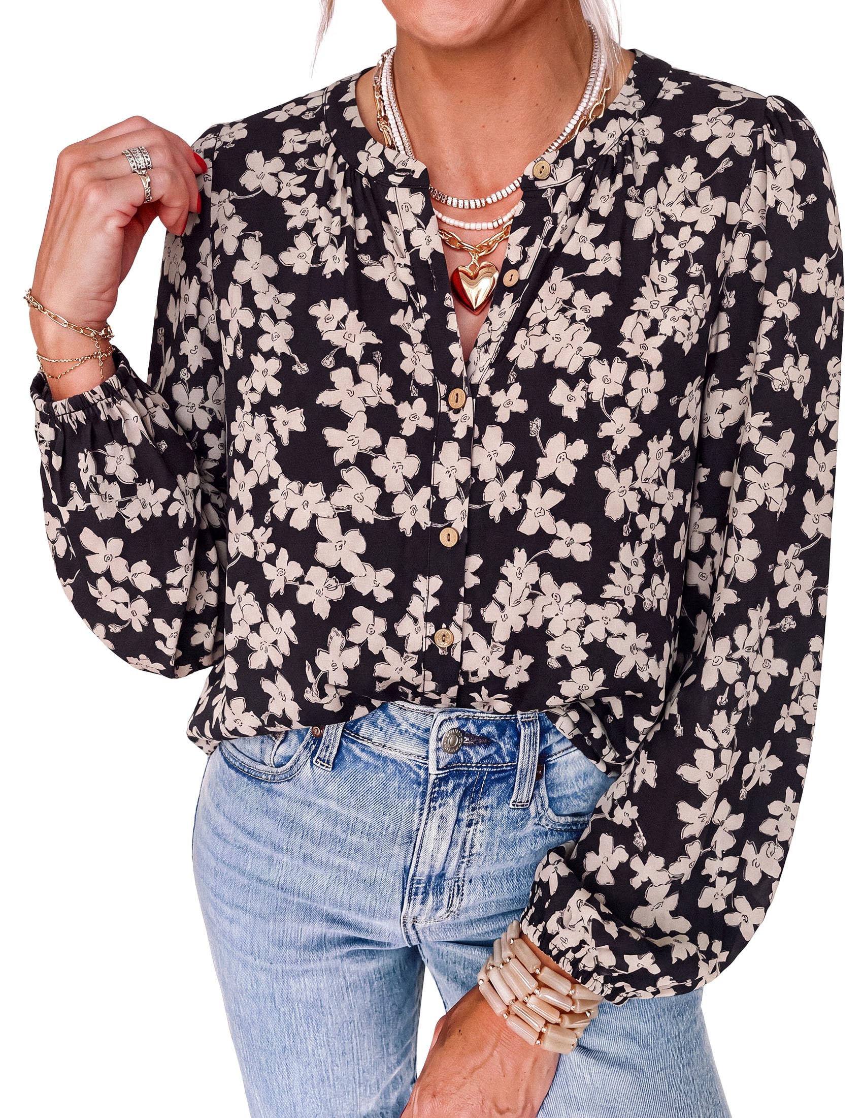 Women's Boho Tops Fall Long Sleeve Button Down Floral Blouses