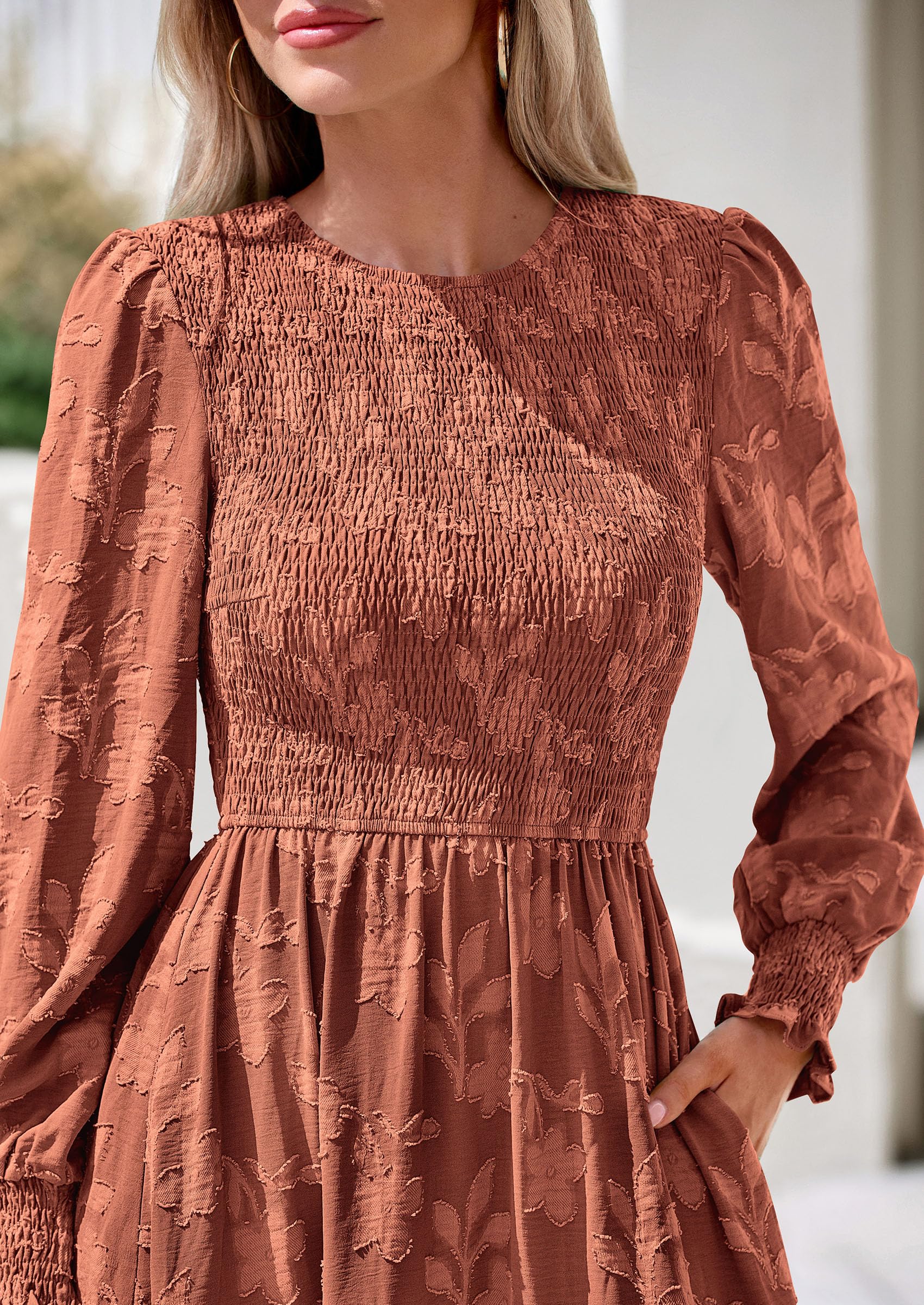 Fall Floral Long Sleeve Wedding Guest Dress for Women Pockets
