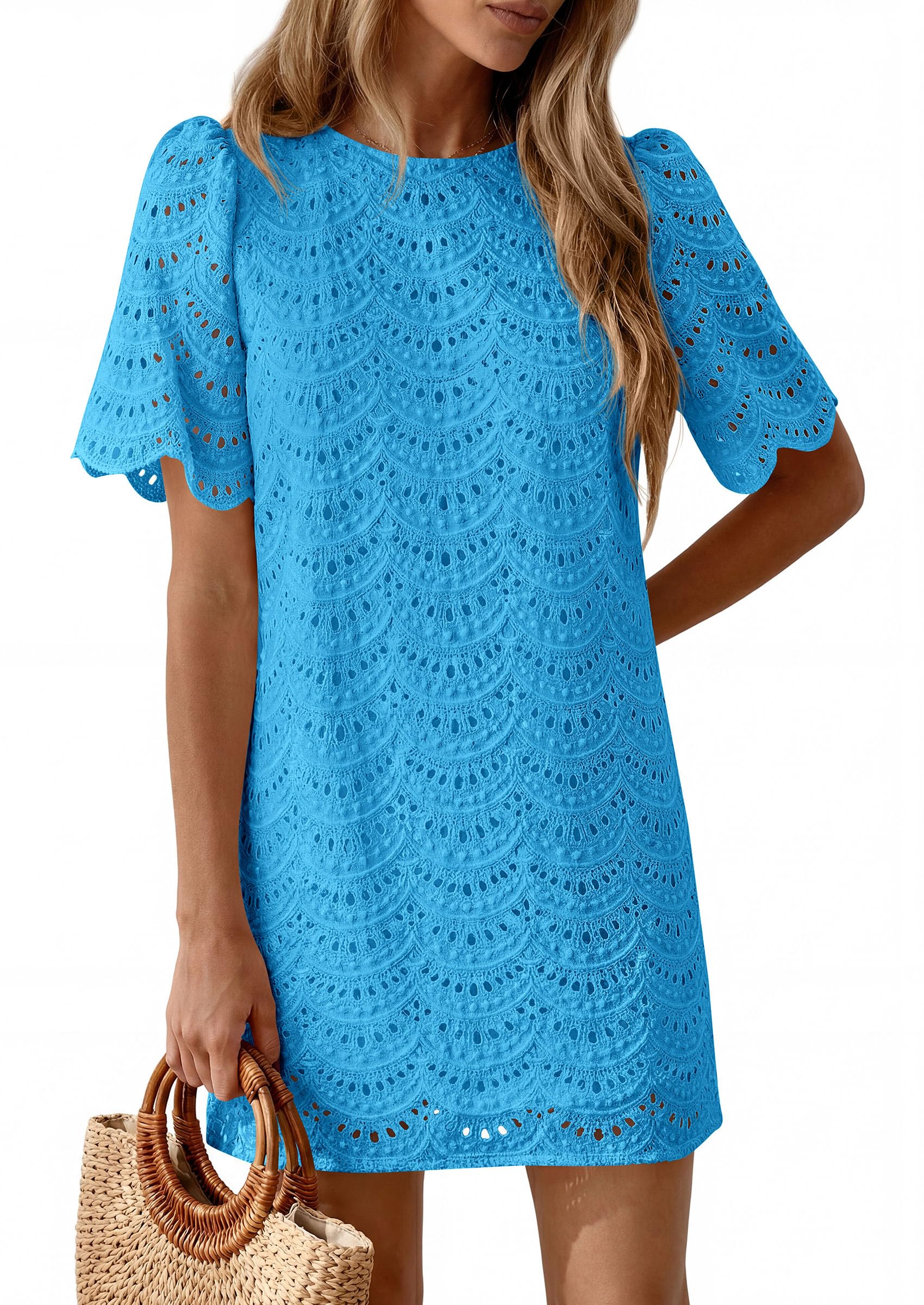Women's Summer Eyelet Lace Short Dress (Brilliant Blue,S)