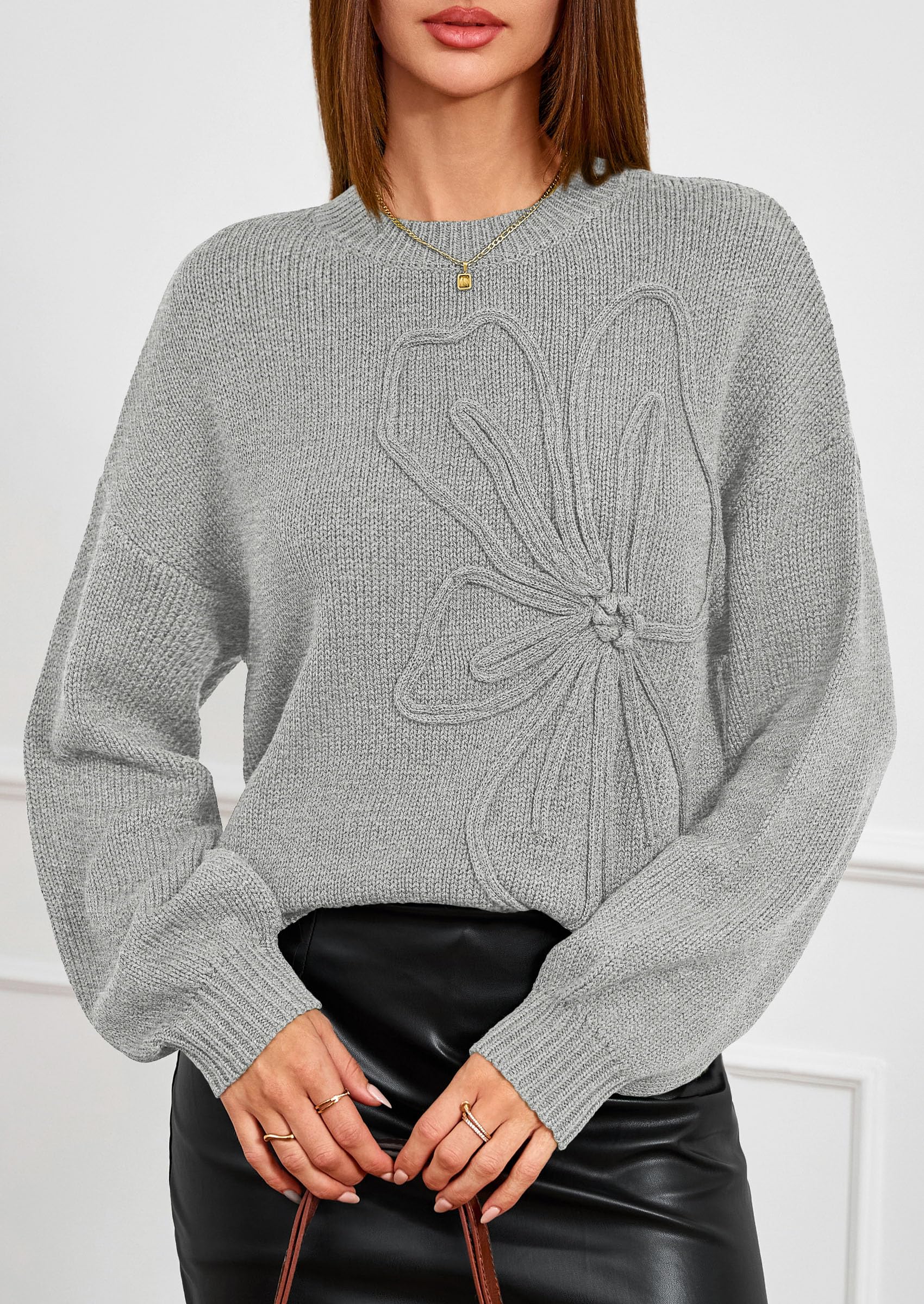 Women's Oversized 3D Floral Knit Sweater,Light Grey,S