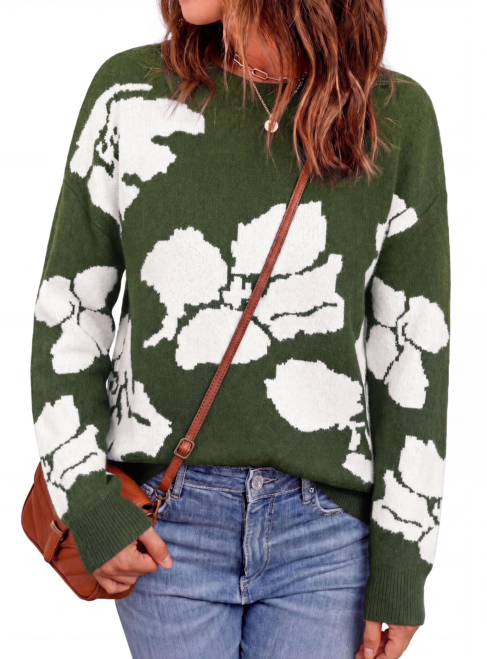 Womens Floral Sweater Crewneck Printed Pullover Tops