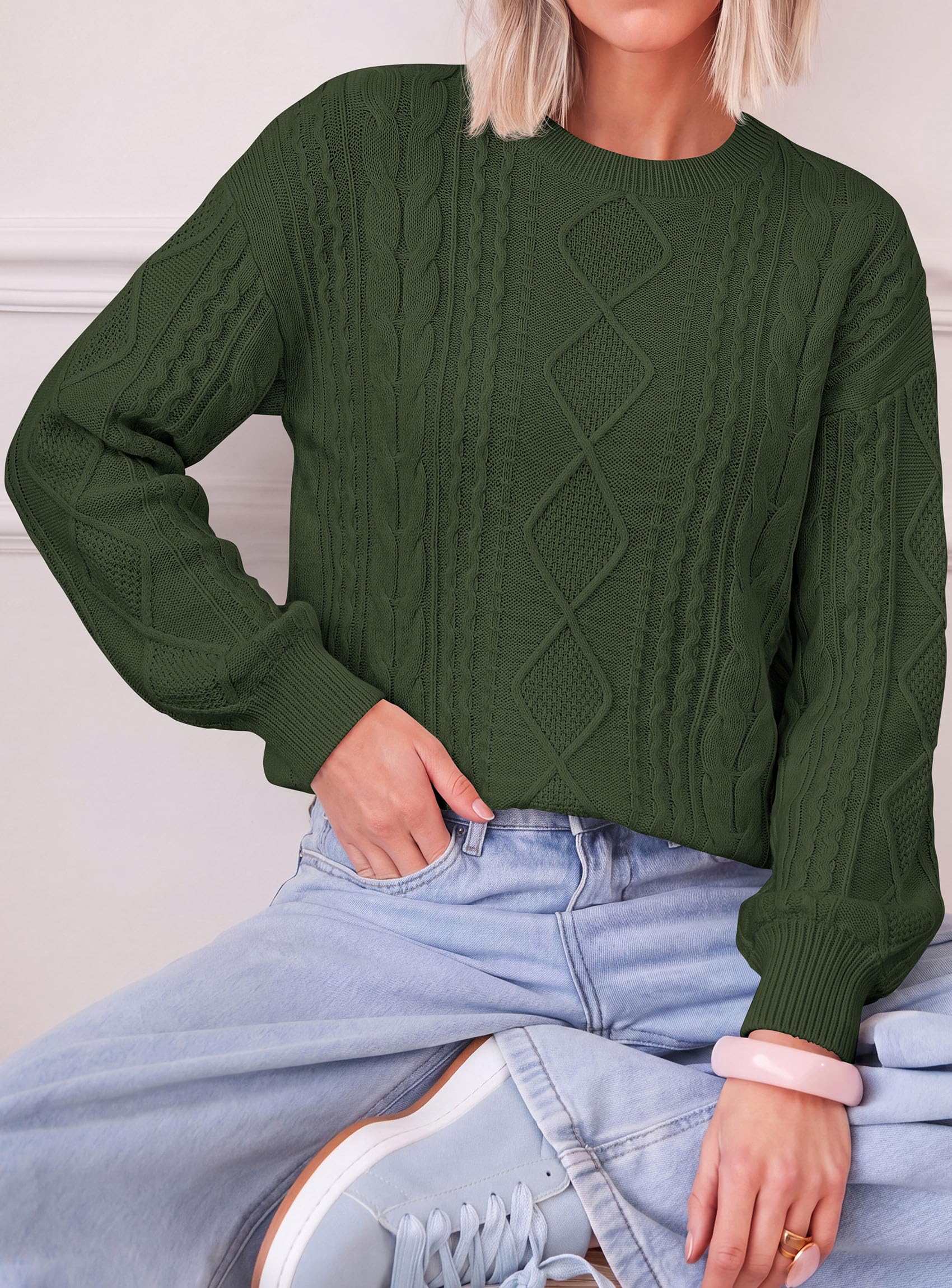 Women's Crewneck Cable Knit Sweater Pullover Tops Army Green