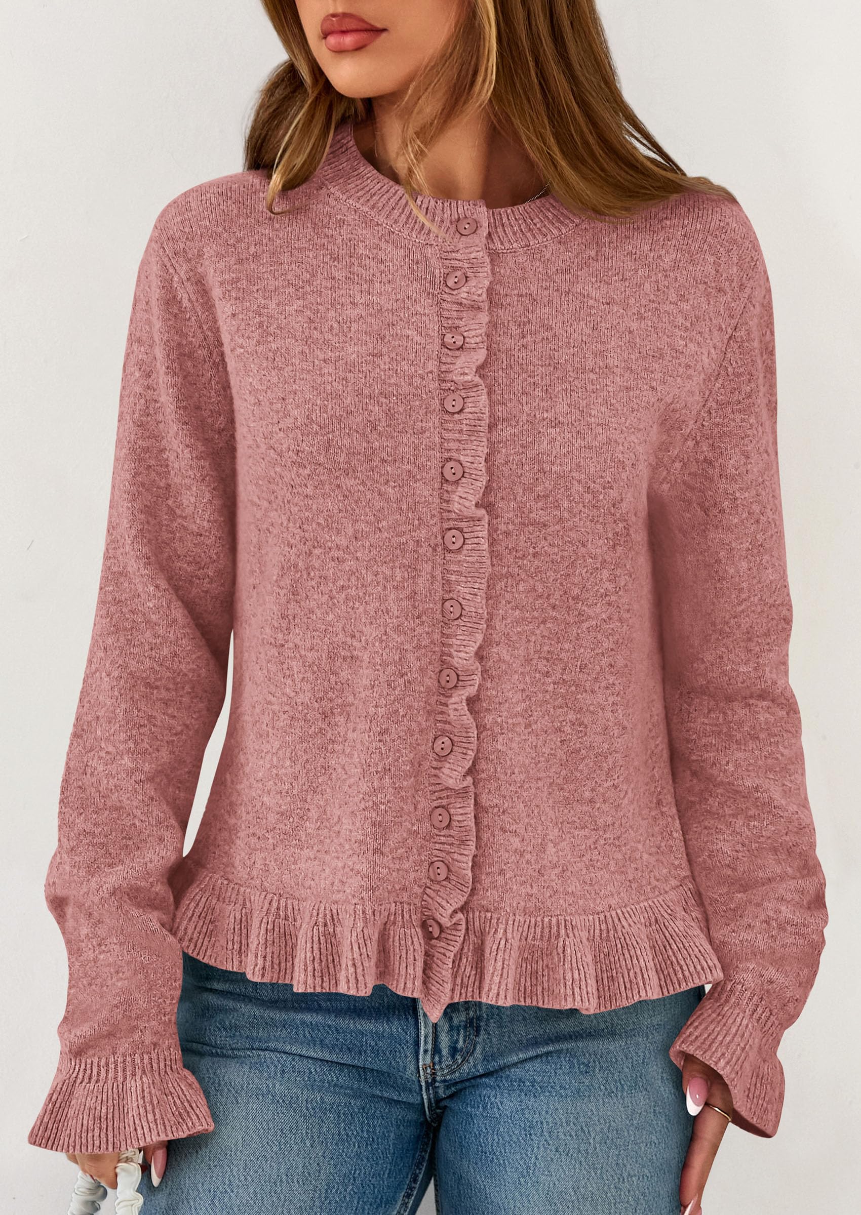 Womens Ruffle Button Down Cardigan Sweaters,Grey Pink,S
