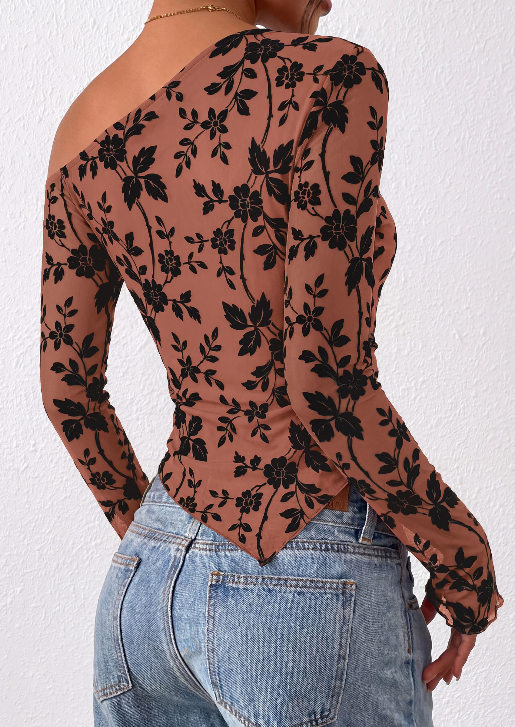 Womens Off Shoulder Mesh Y2k Tops,Rust,XS