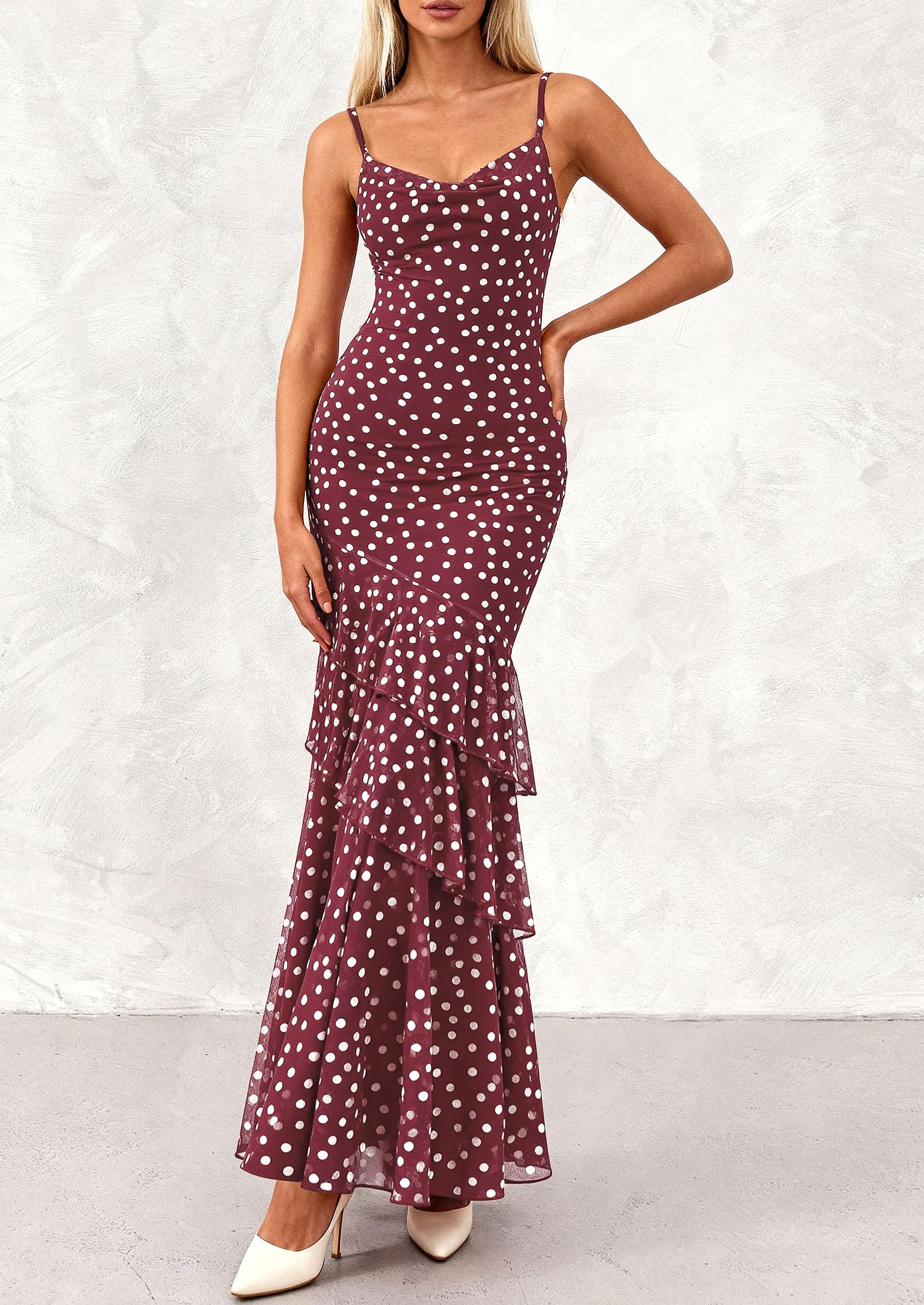 Women's Boho Floral Tiered Maxi Dress,01 Dot Burgundy White,XS