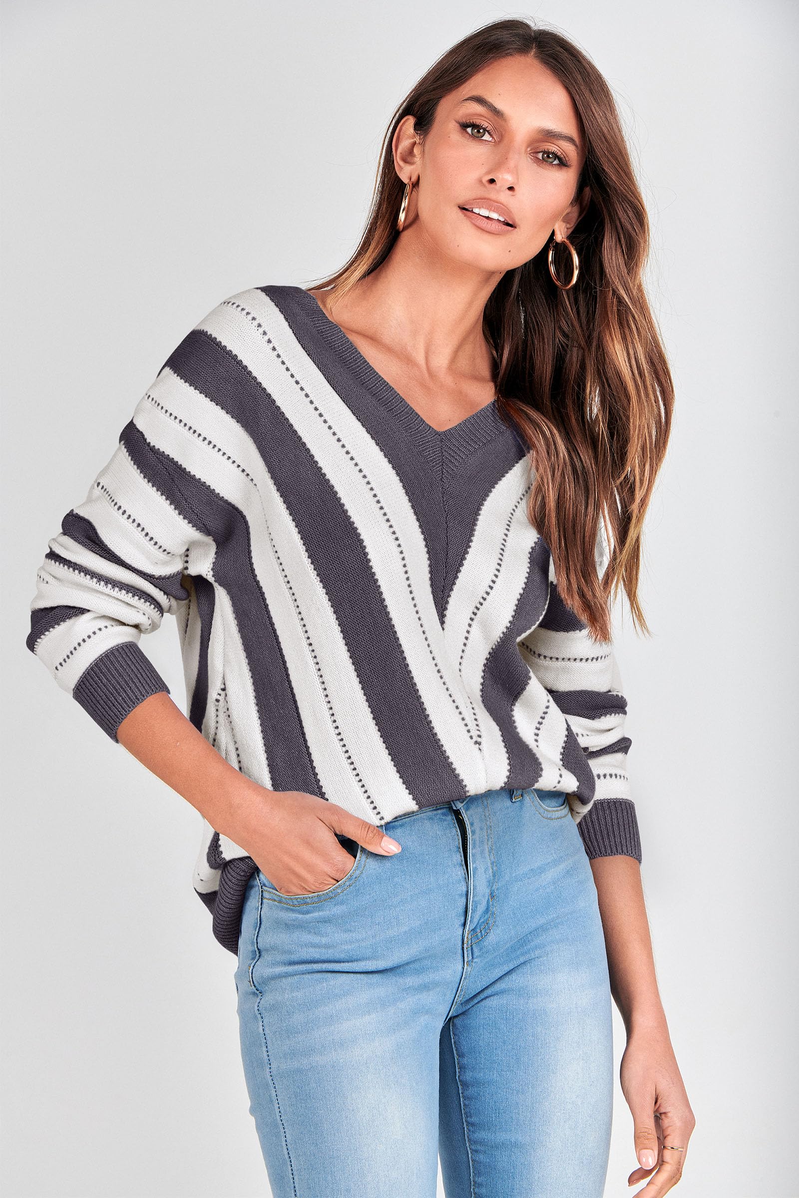 Women's V Neck Striped Knit Pullover Sweater