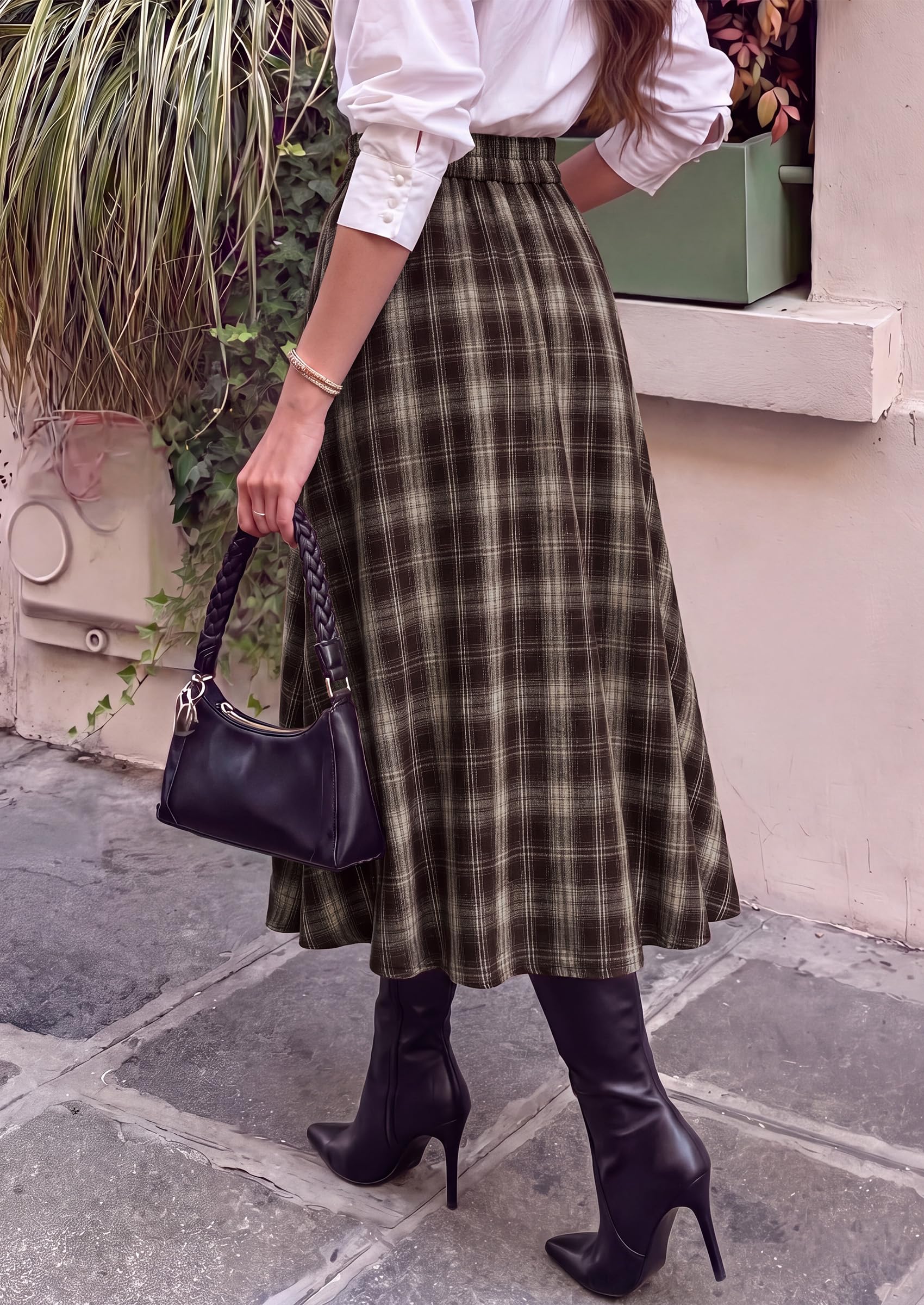 Women's Plaid High Waisted A-Line Midi Skirts,Dark Coffee,M
