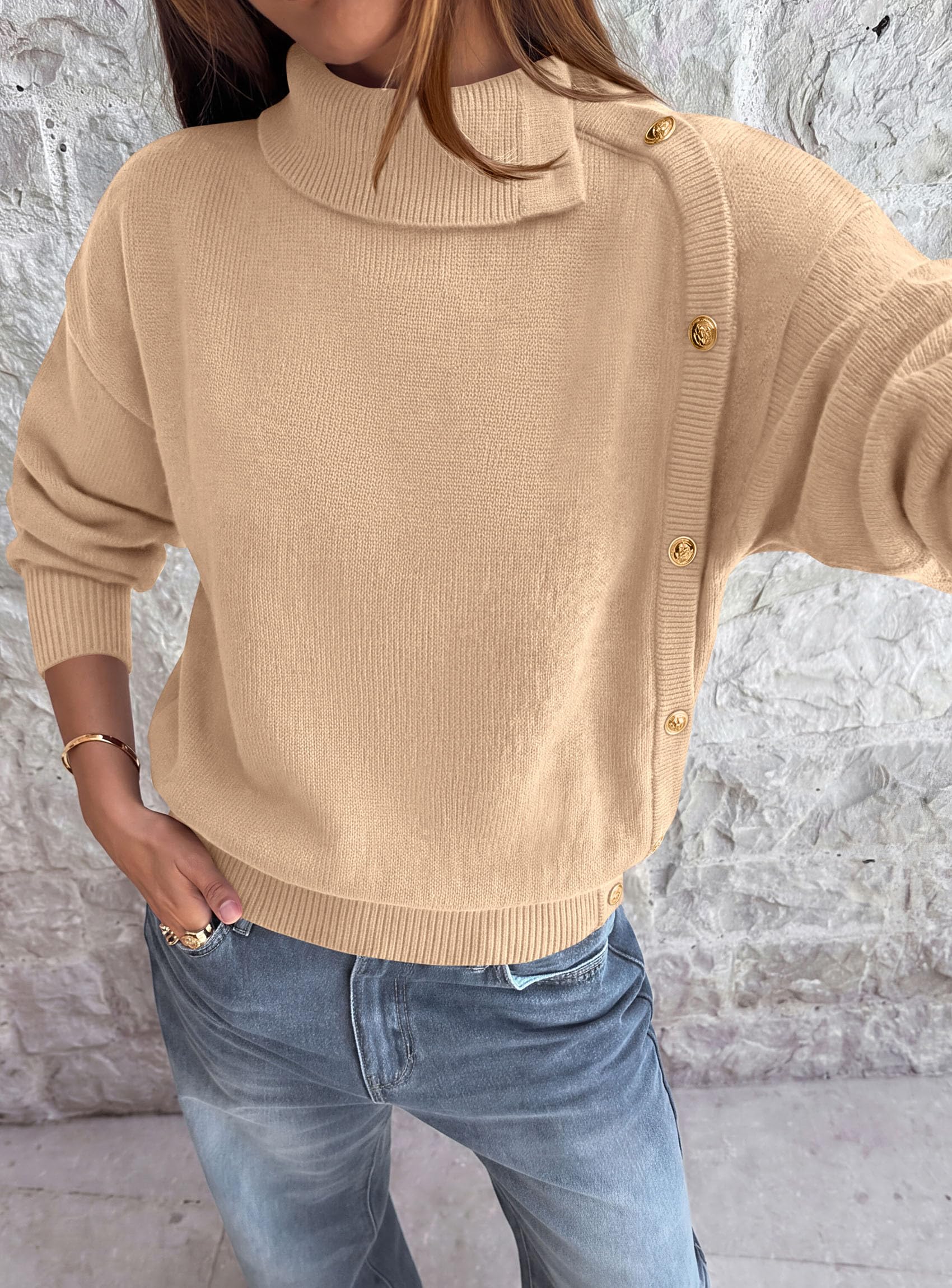 Womens Turtleneck Sweater Pullover Side Button Fall Clothes