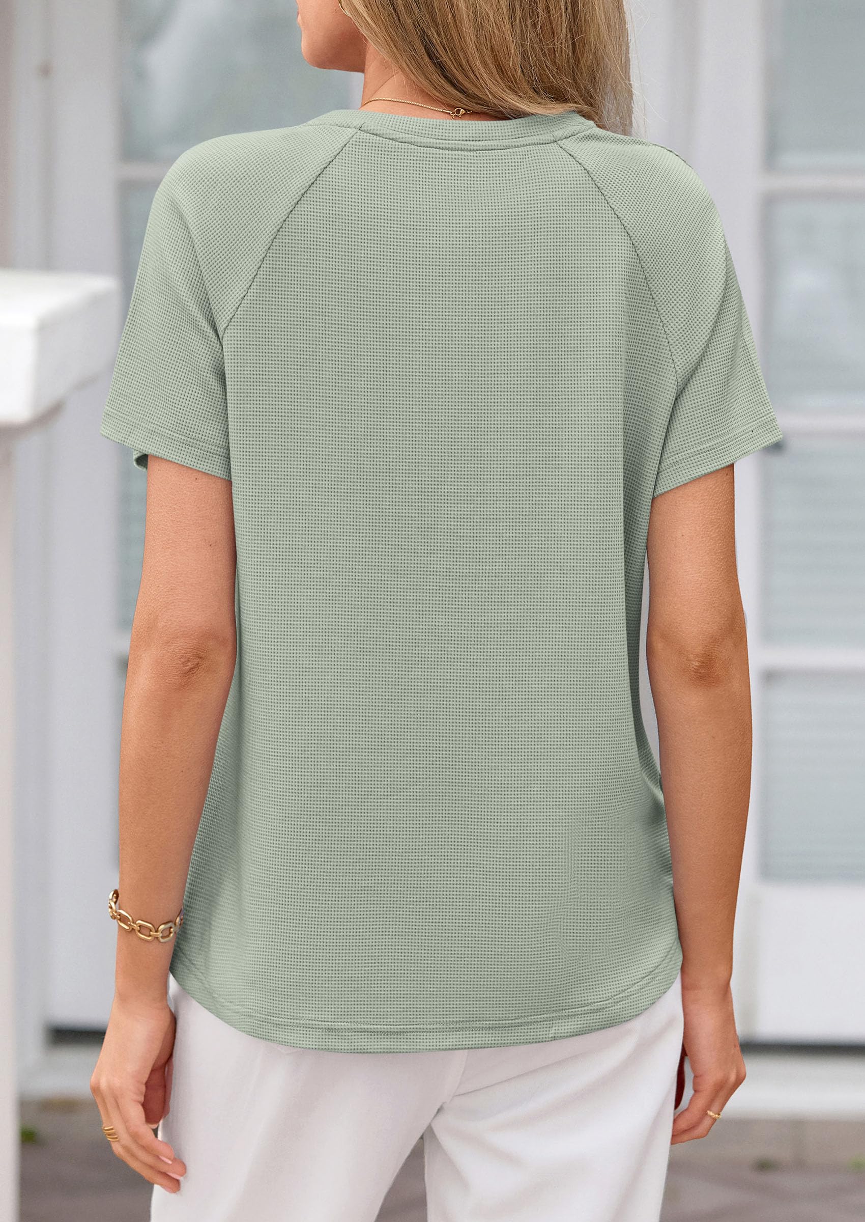 Women's Short Sleeve Waffle Knit Henley Shirts, Sage Green,S
