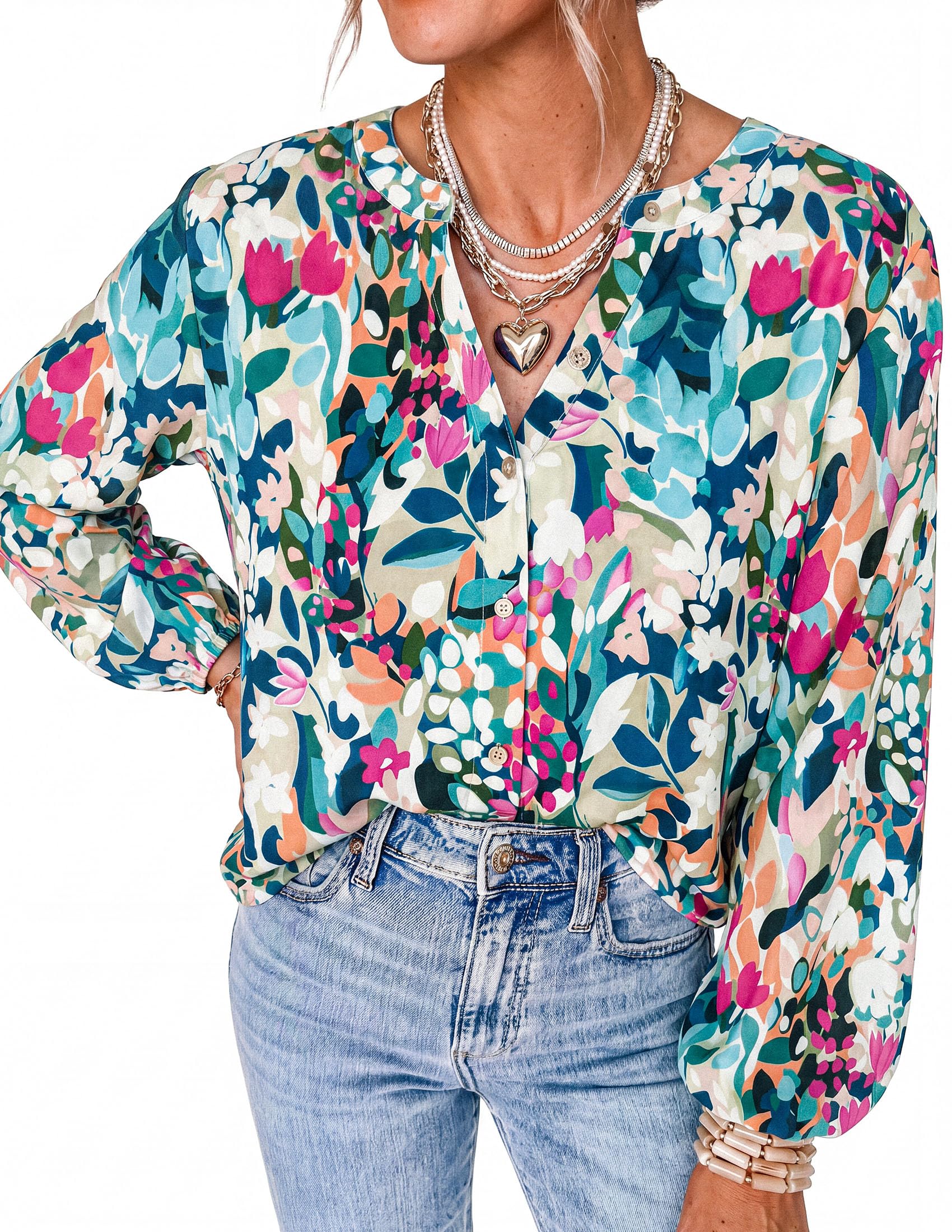 Women's Boho Tops Fall Long Sleeve Button Down Floral Blouses
