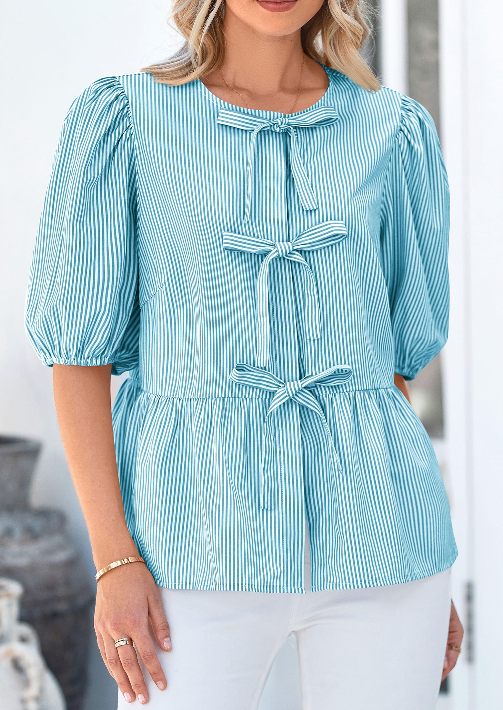 Women Striped Tie Front Babydoll Peplum Tops, Blue Green,S