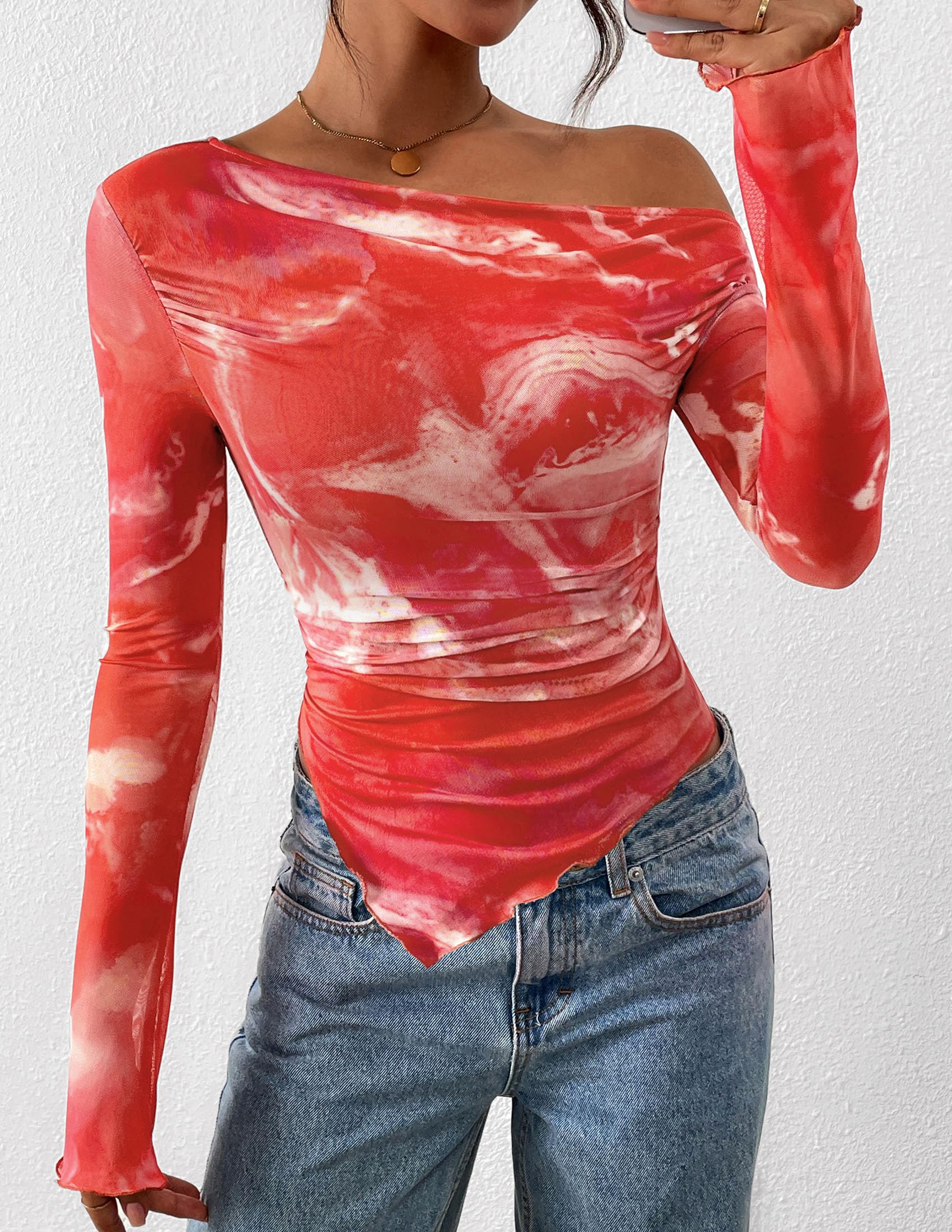 Womens Off Shoulder Mesh Y2k Tops,Floral Brick Red,XS