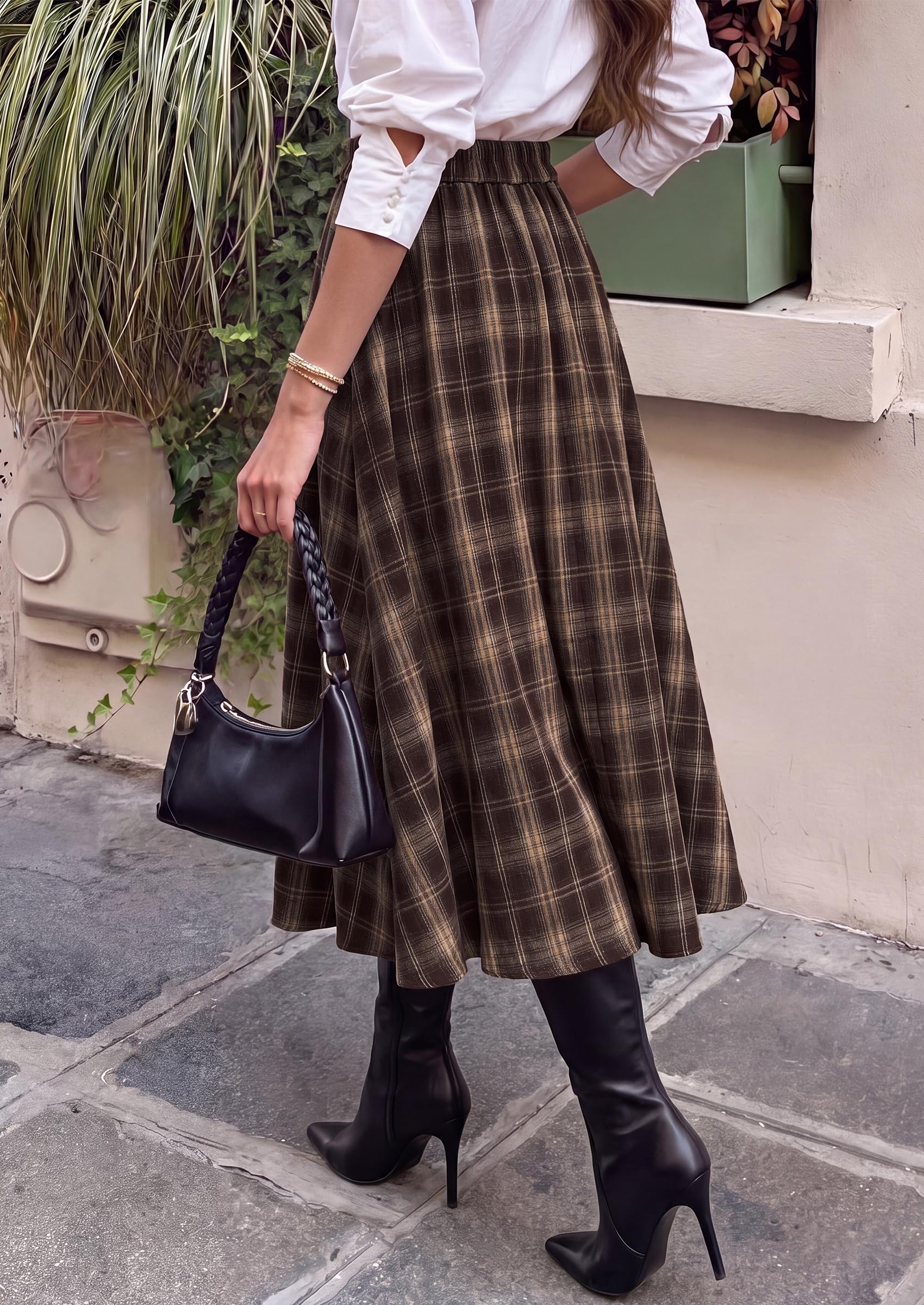 Women's Plaid High Waisted A-Line Midi Skirts,Brown,L