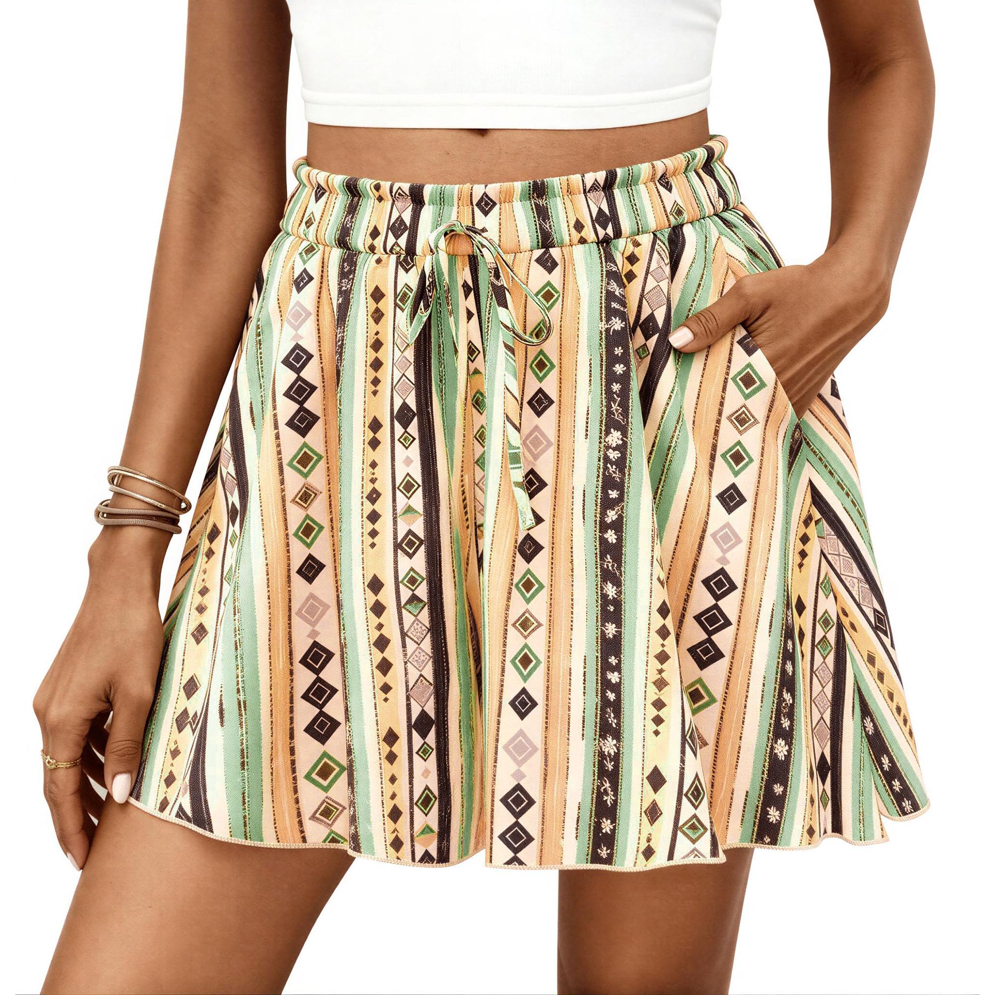 Women's Summer Wide Leg Flowy Shorts,Print Green Yellow,S