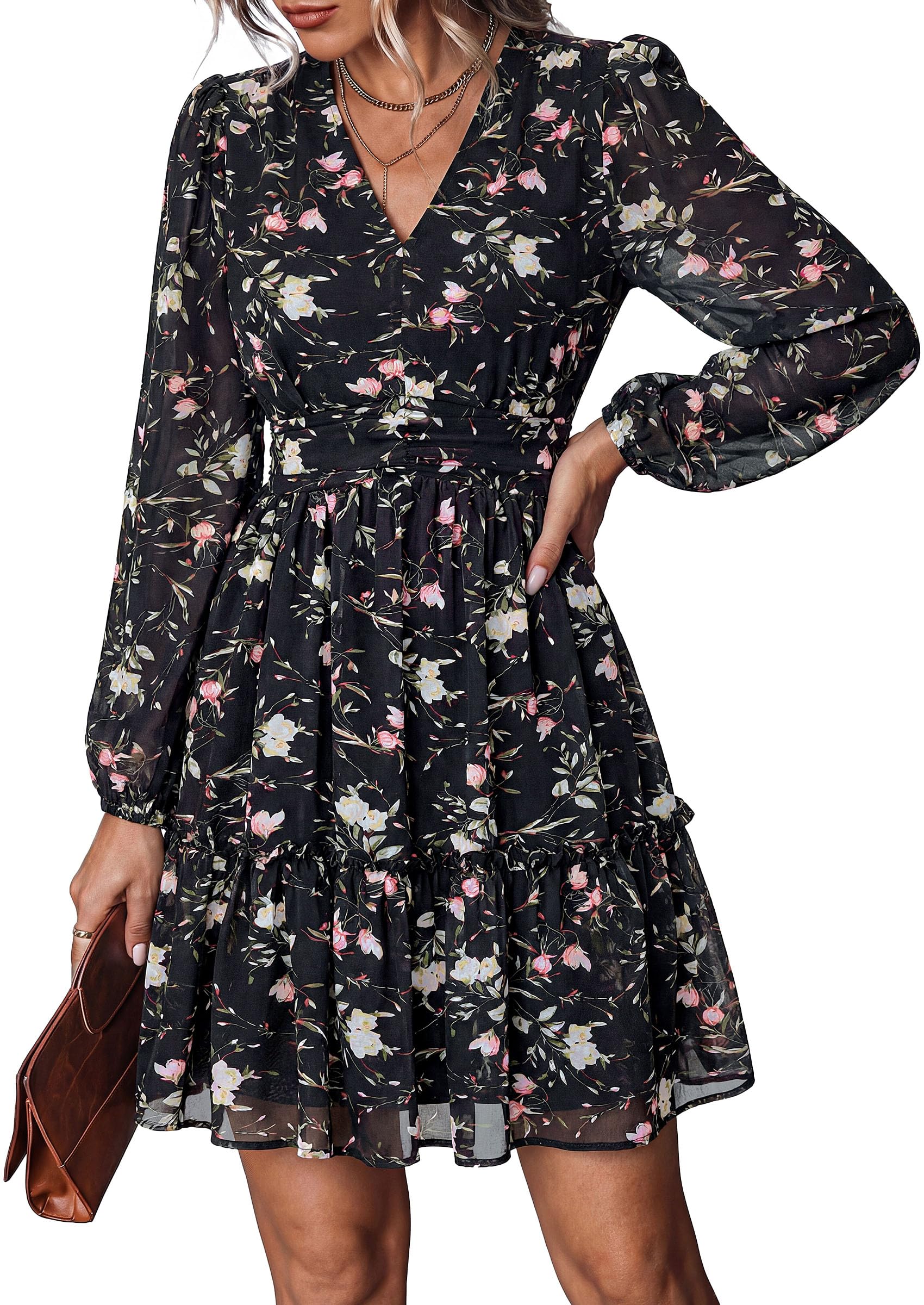 Women Floral Long Sleeve Mini Dress Fall Wedding Guest Dresses