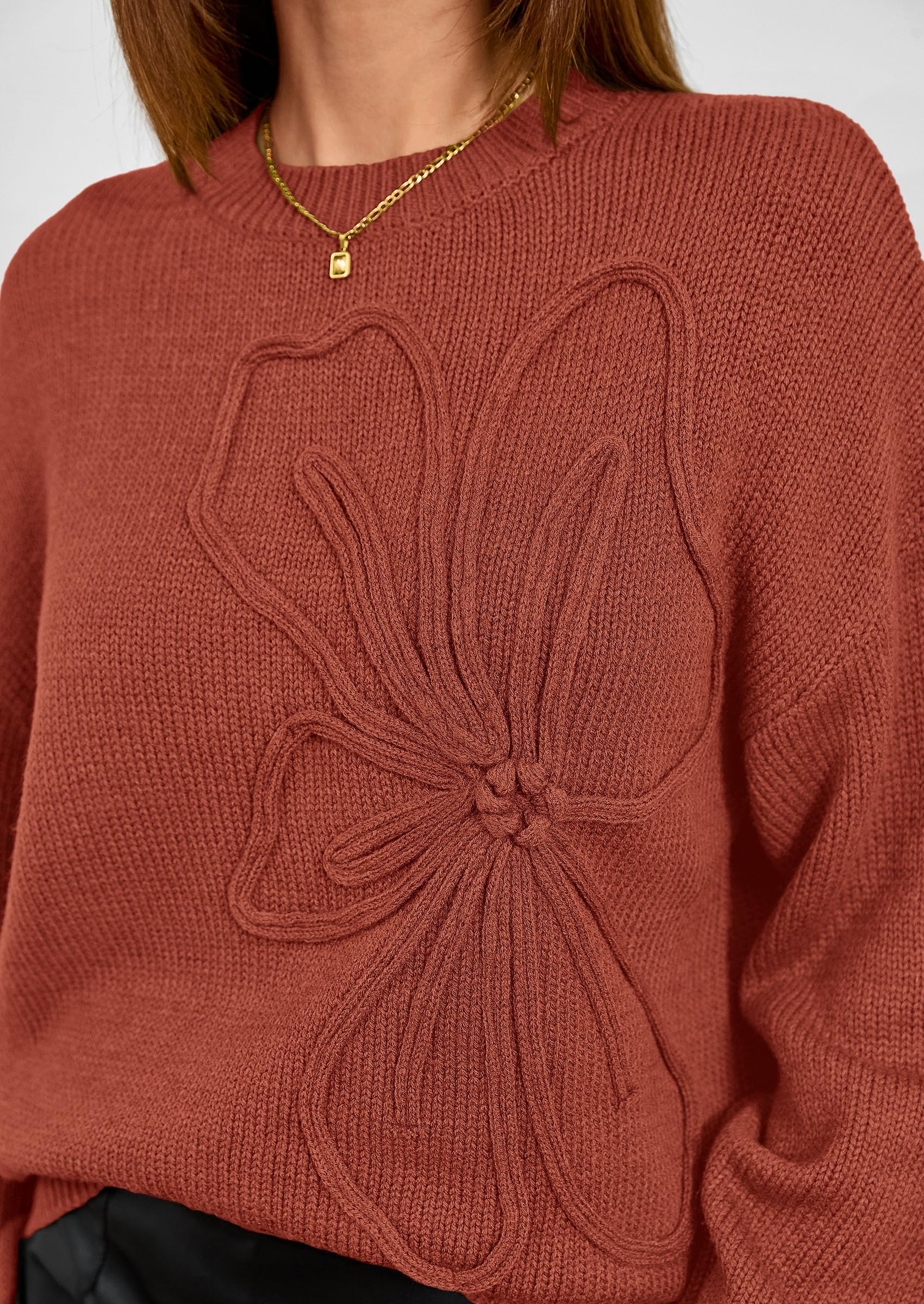 Women's Oversized 3D Floral Knit Sweater,Red Brown,M