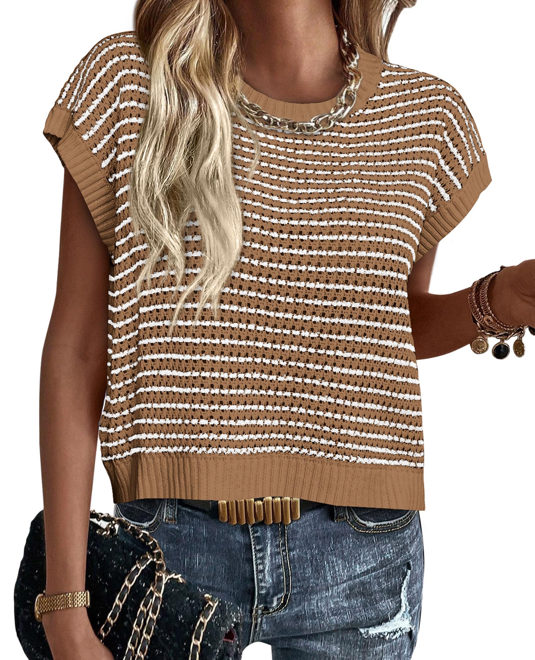 Women's Striped Short Sleeve Sweater Vest Dark Khaki,S