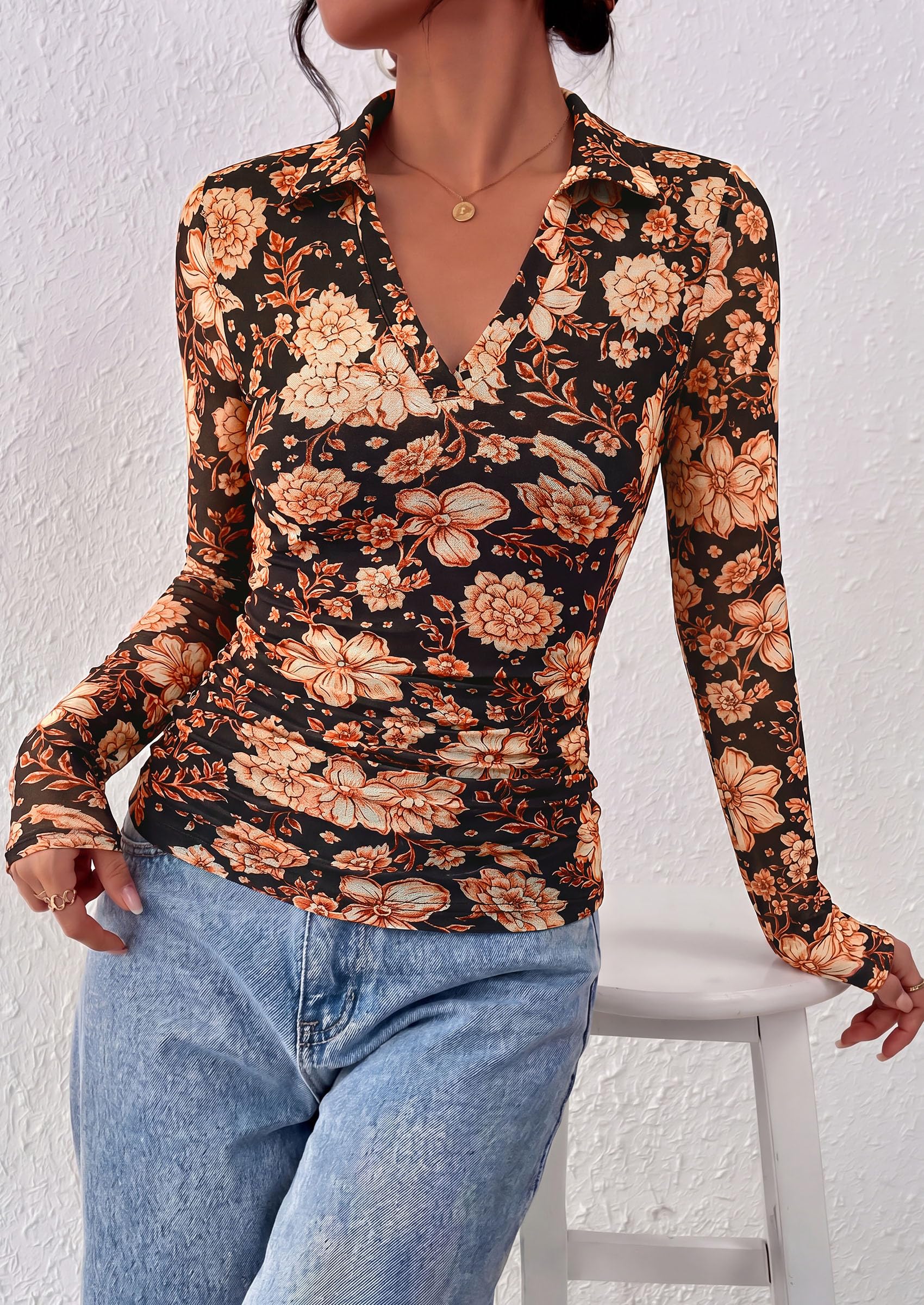 Women's Long Sleeve Boho Floral Mesh Tops Fall V Neck Blouses