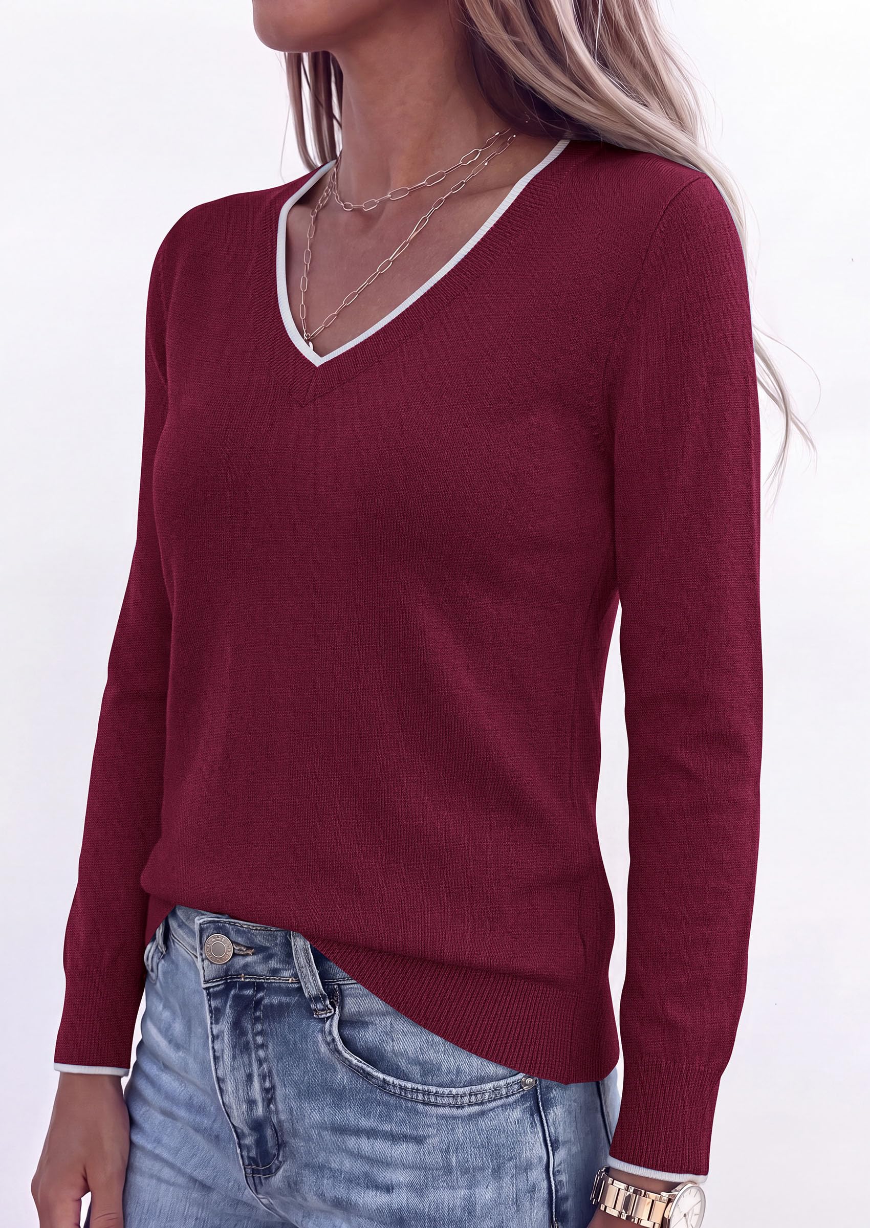 Women's V Neck Sweater Long Sleeve Knit Tops (Wine Red,S)
