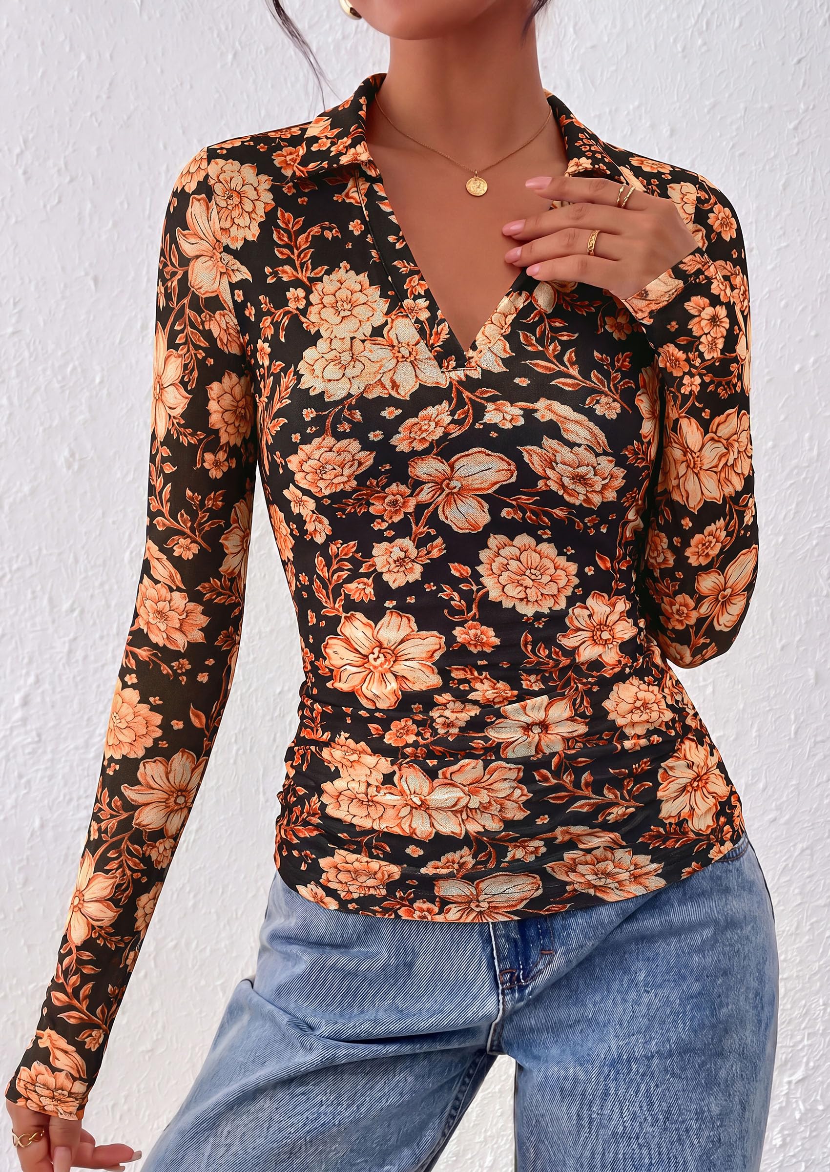 Women's Long Sleeve Boho Floral Mesh Tops Fall V Neck Blouses