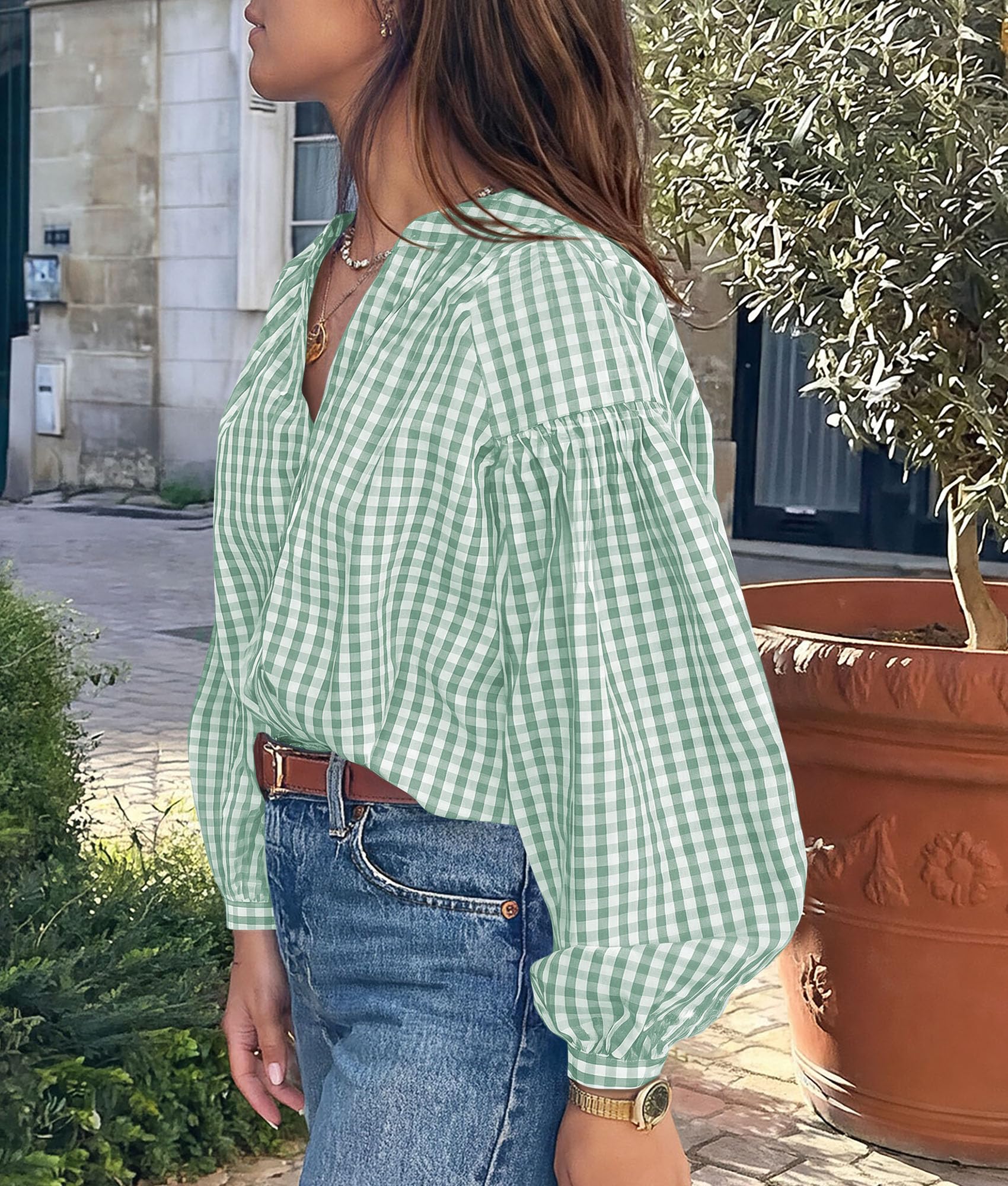 Women Fall Plaid Long Puff Sleeve Shirts V Neck Casual Blouses