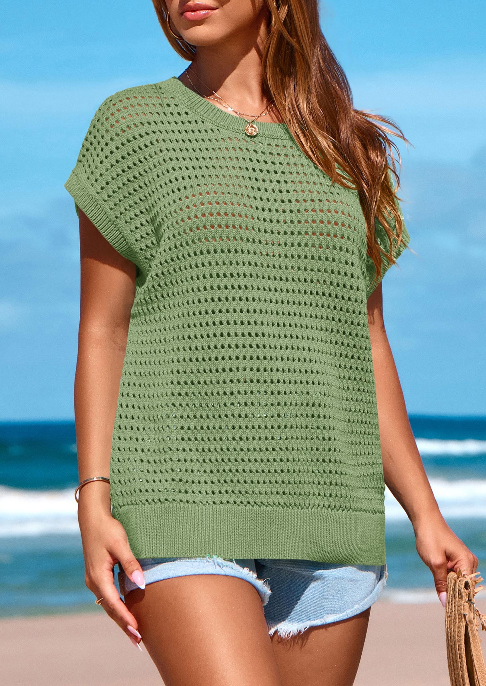 Women's Summer Crochet Cap Sleeve Sweater Tops,Bean Green,S