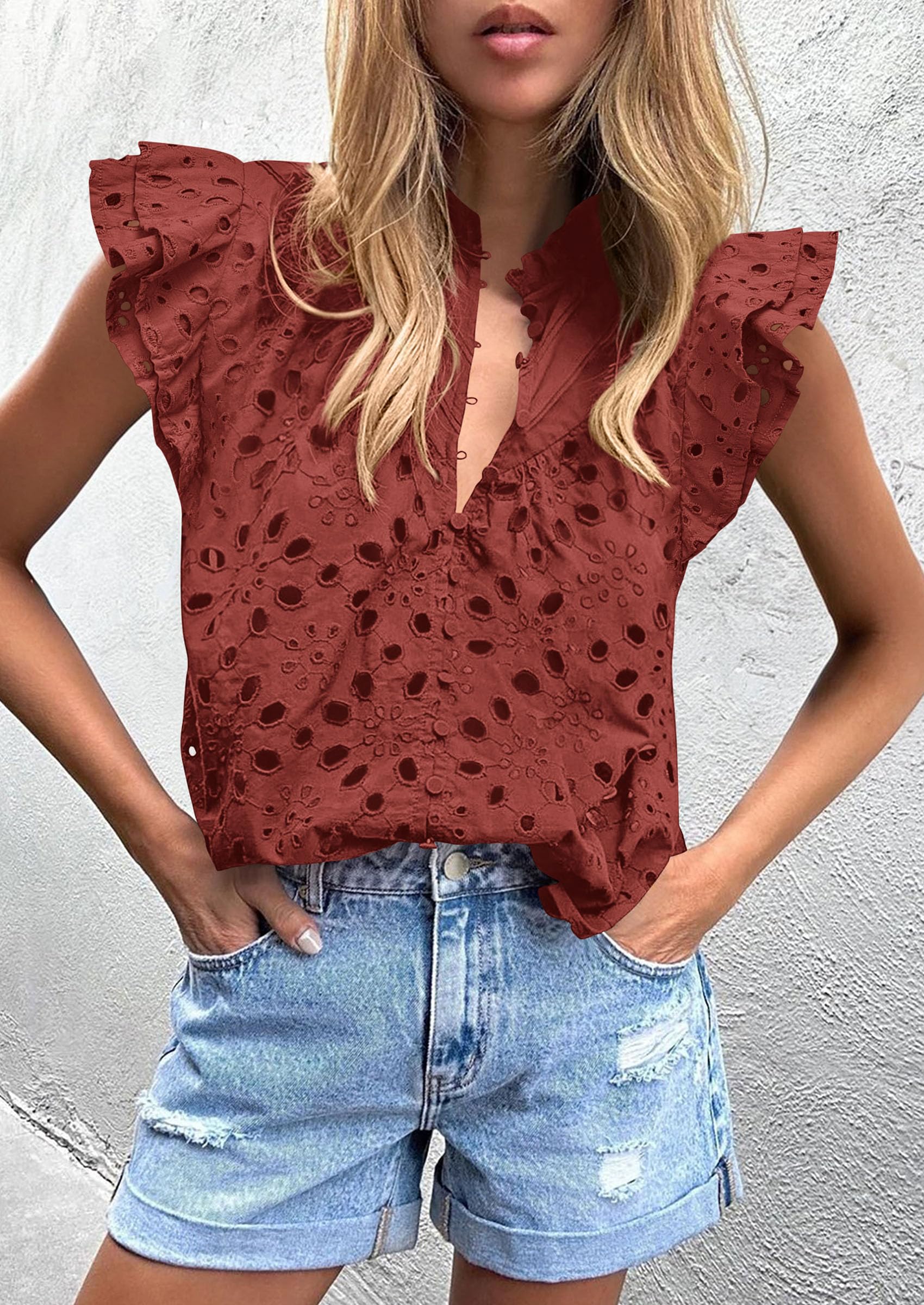 Women's Eyelet V Neck Summer Tops Dressy Casual Brown Red,L