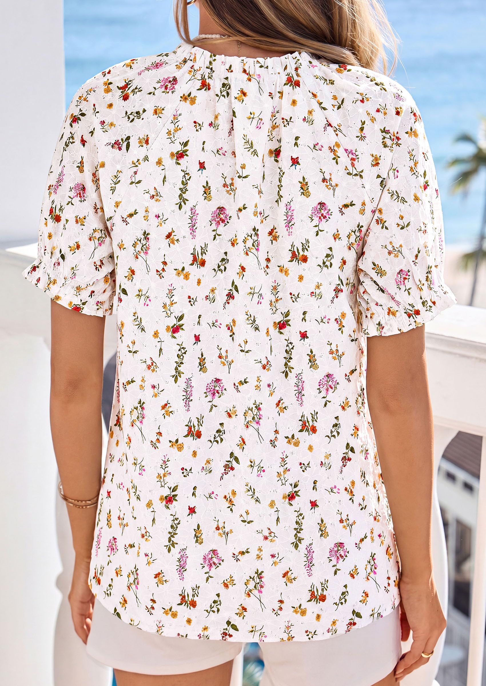 Womens Floral Short Sleeve Blouses,Floral White,S