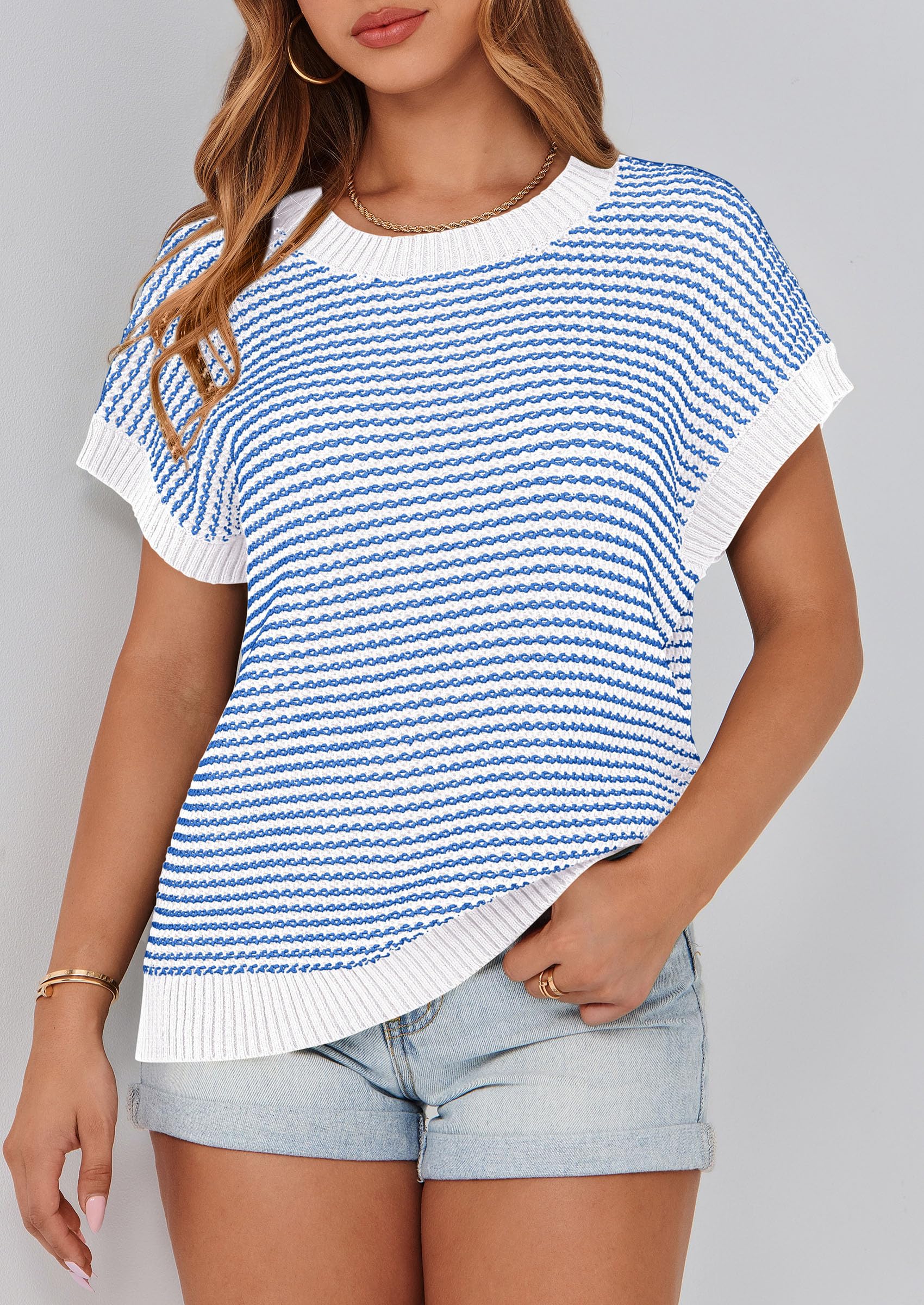 Women's Striped Short Sleeve Sweater Vest Blue,S