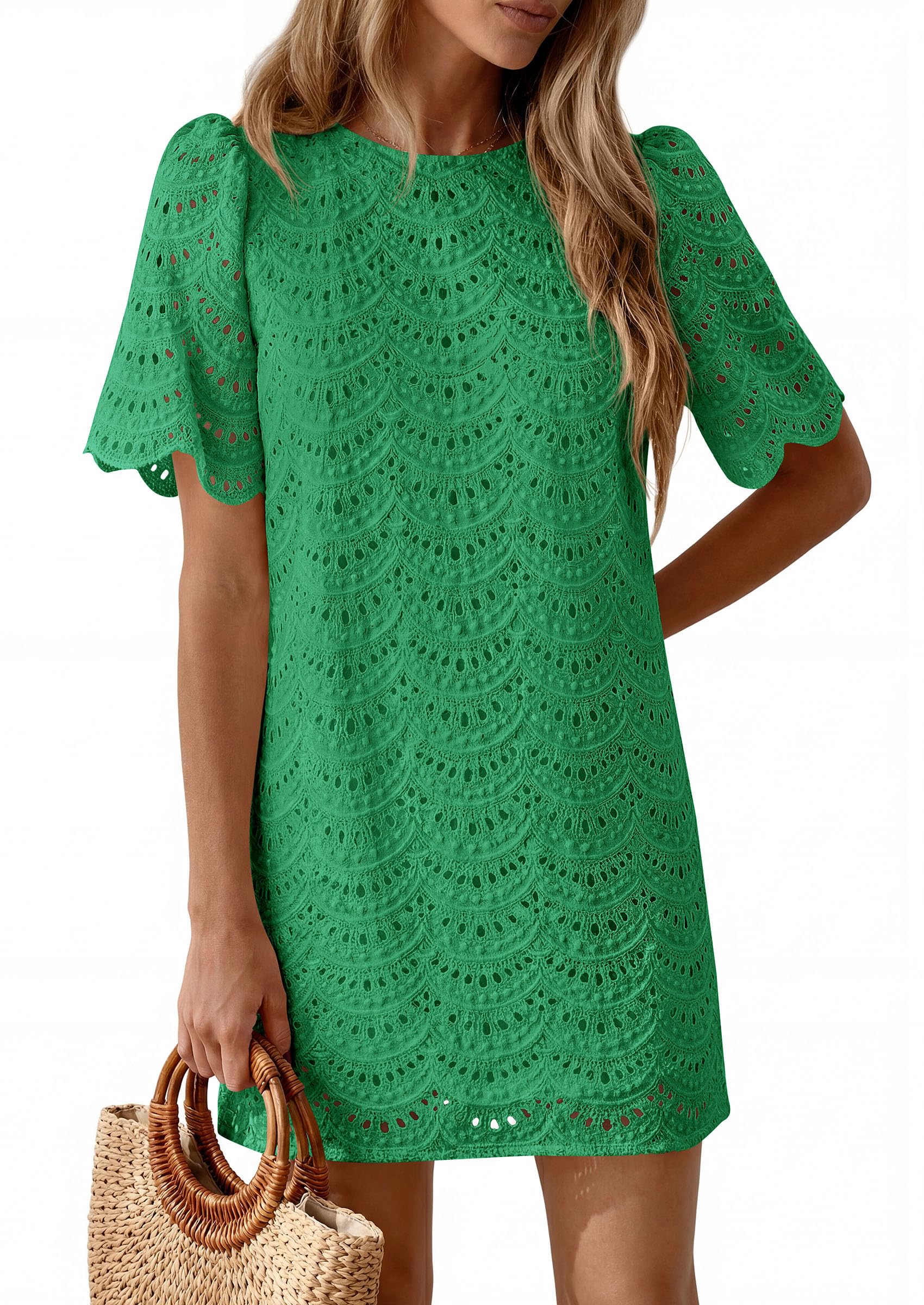 Women's Summer Eyelet Lace Short Dress (Dark Green,S)