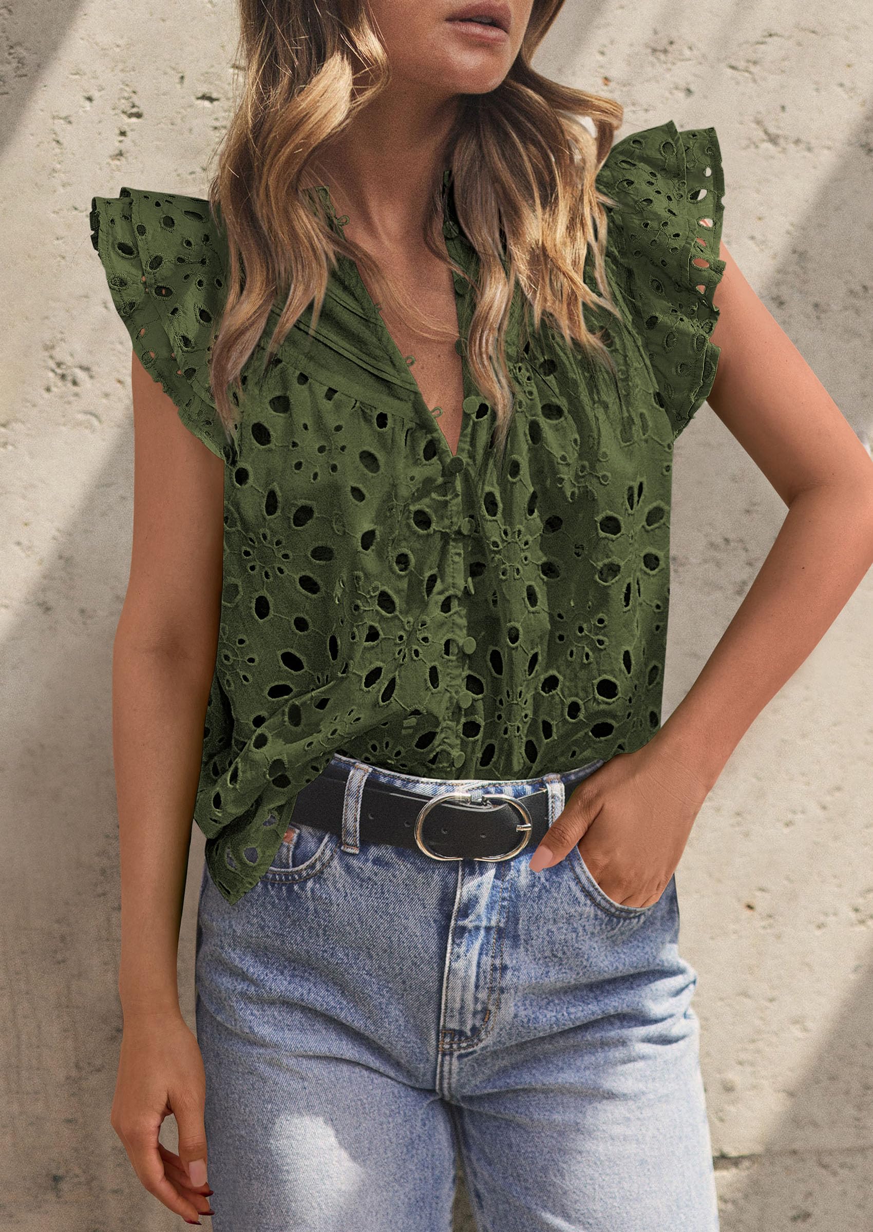 Women's Eyelet V Neck Summer Tops Dressy Casual Army Green,L