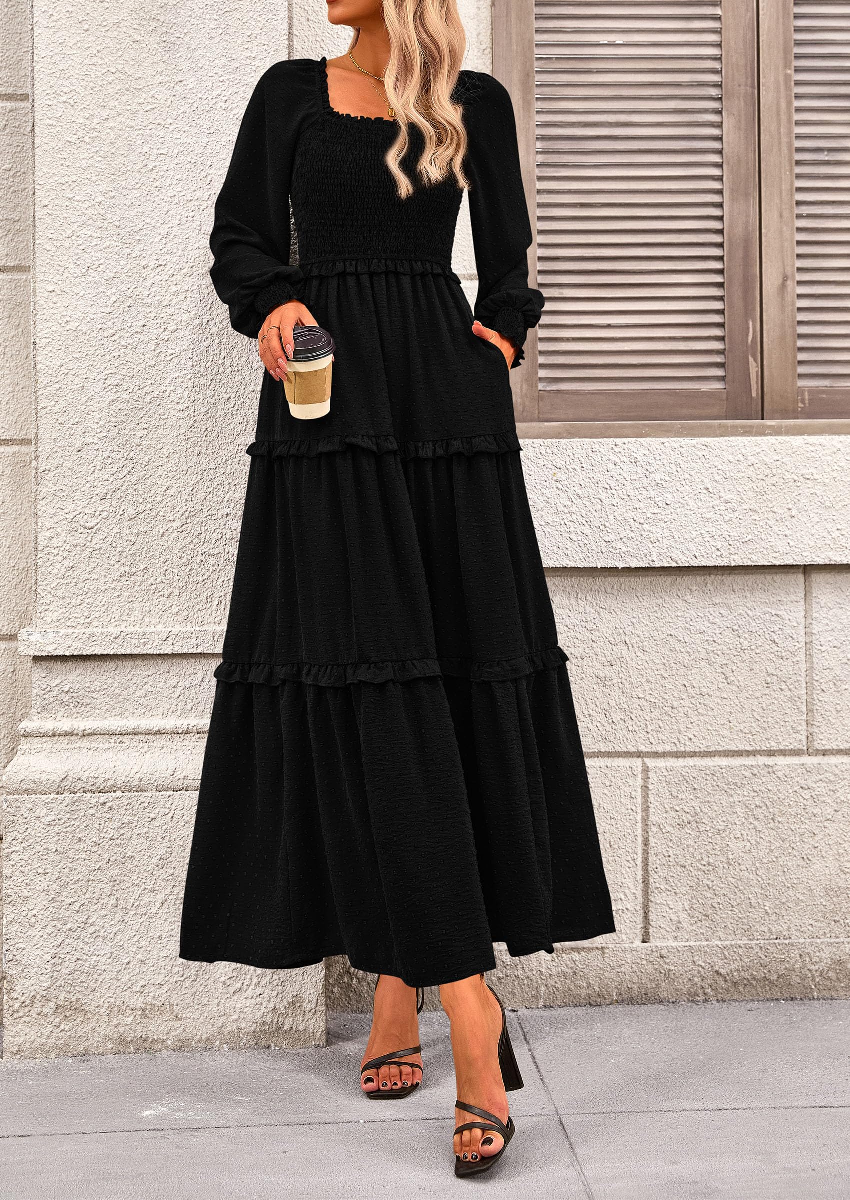 Women's Smocked Long Sleeve Maxi Dress Wedding Guest Dresses