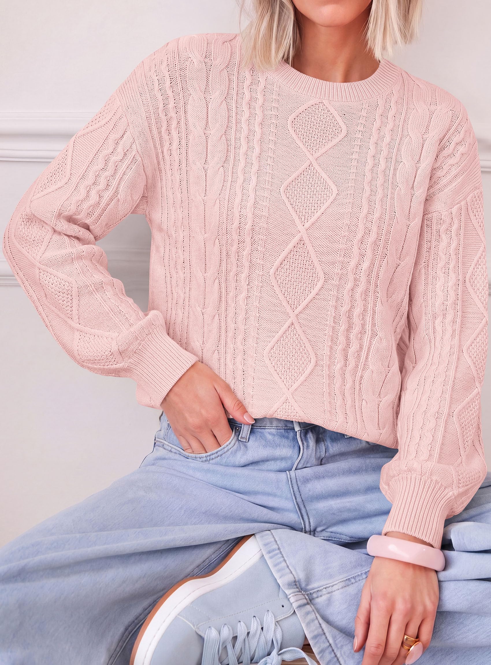 Women's Crewneck Cable Knit Sweater Pullover Tops Pink