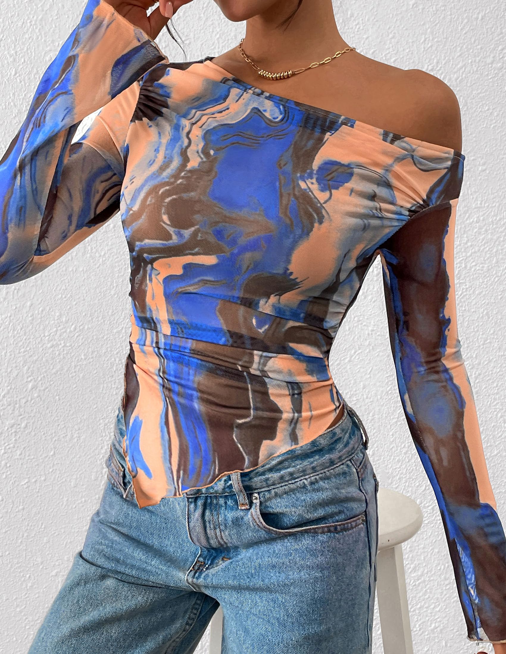 Womens Off Shoulder Mesh Y2k Tops,Blue Watercolour,XS